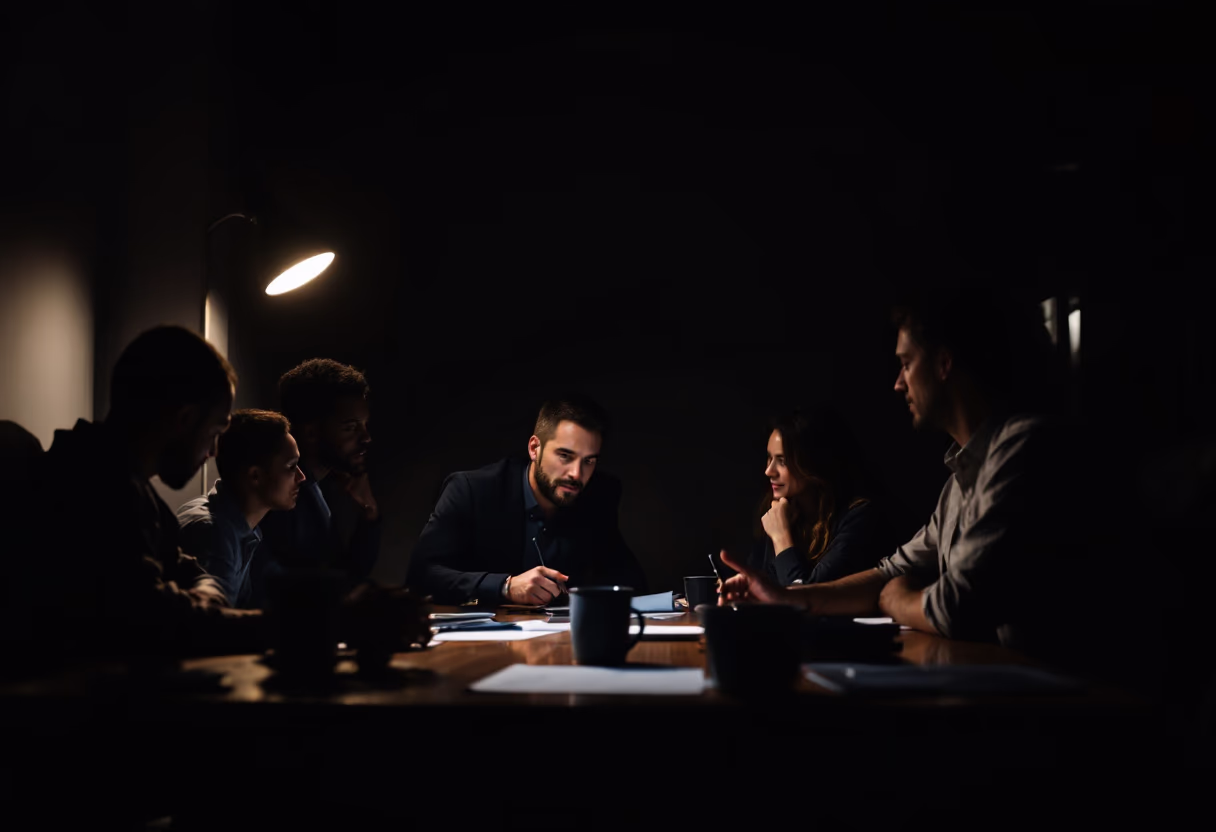 a high-resolution photo of a legal tech team in a moody office setting