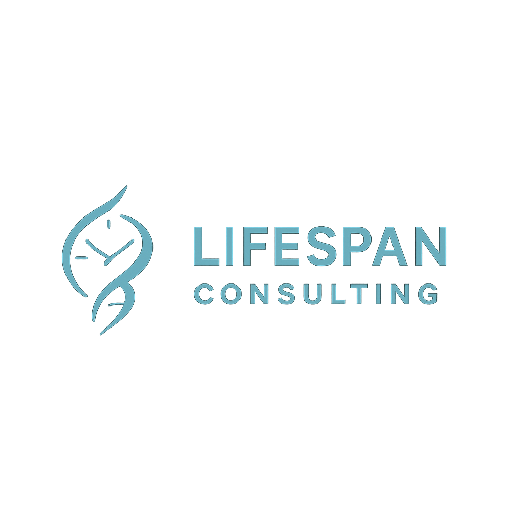 Blue neon logo of Lifespan Consulting featuring a clock integrated within a DNA double helix symbol on gray background.