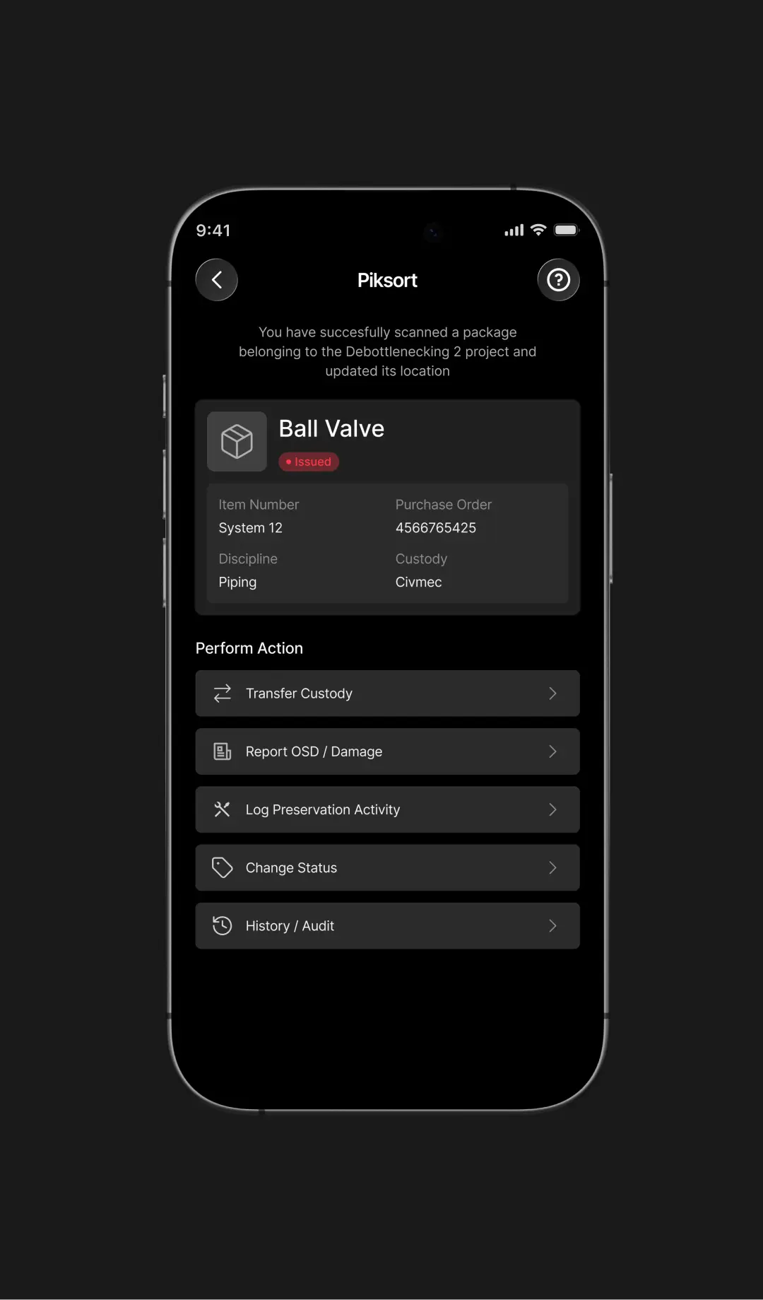 Mobile app screen showing a successfully scanned Ball Valve package with options to transfer custody, report damage, log preservation, change status, and view history.
