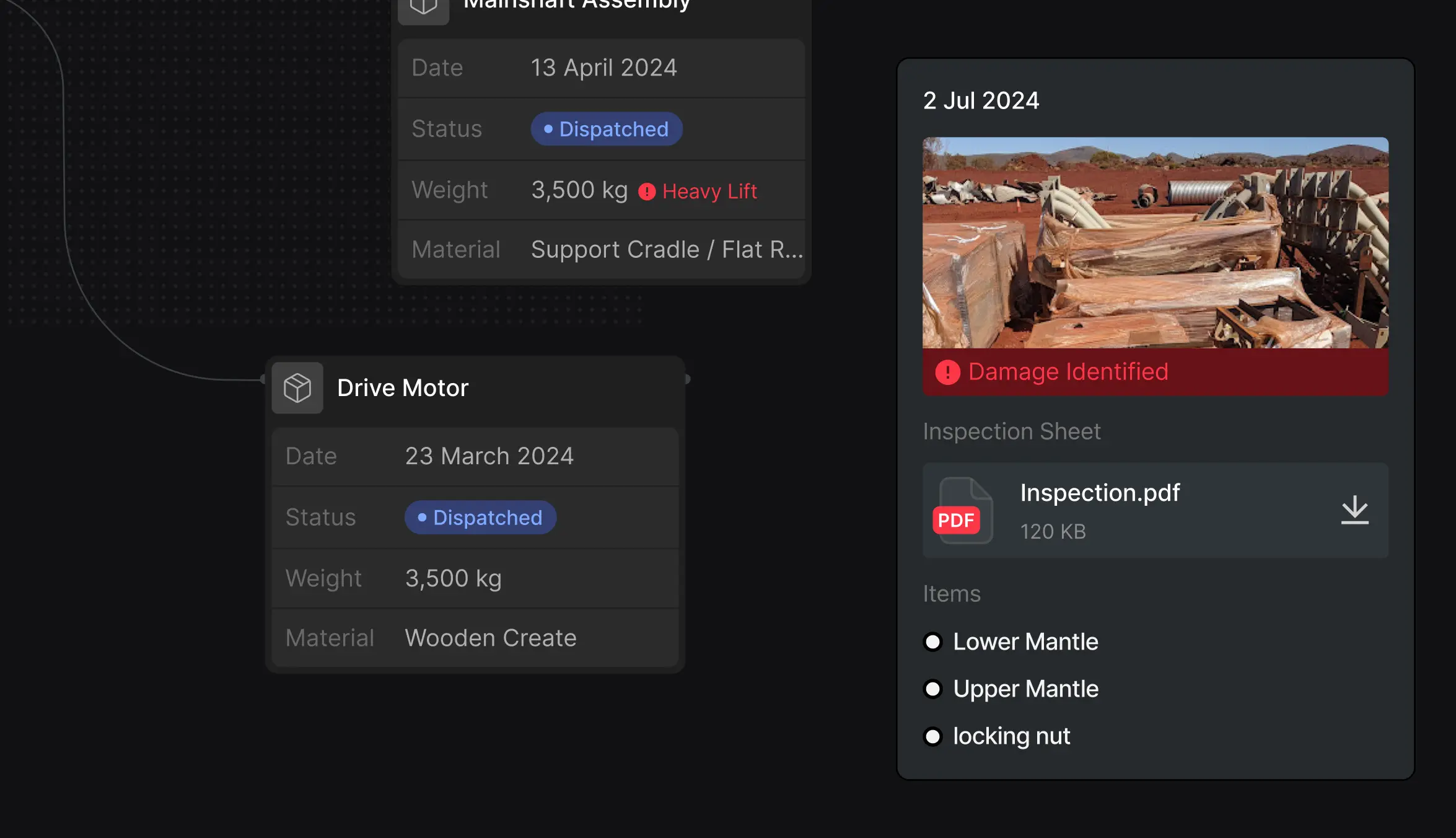 Dashboard showing dispatch status of Mainshaft Assembly and Drive Motor with dates and weights, damage identified on an item with a photo and a downloadable inspection PDF.