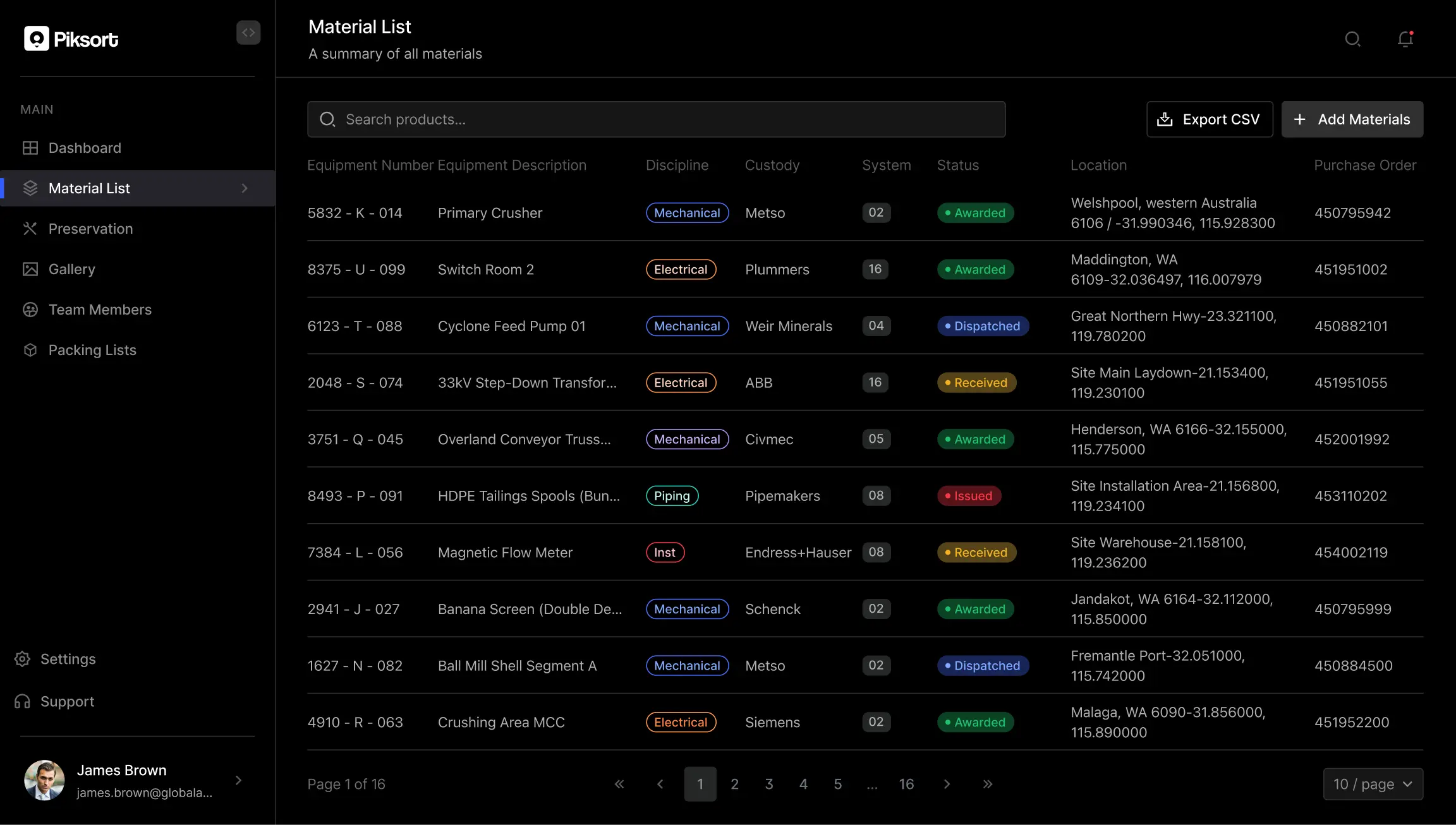 Dashboard of material list showing equipment number, description, discipline, custody, system, status, location, and purchase order with navigation menu on the left.