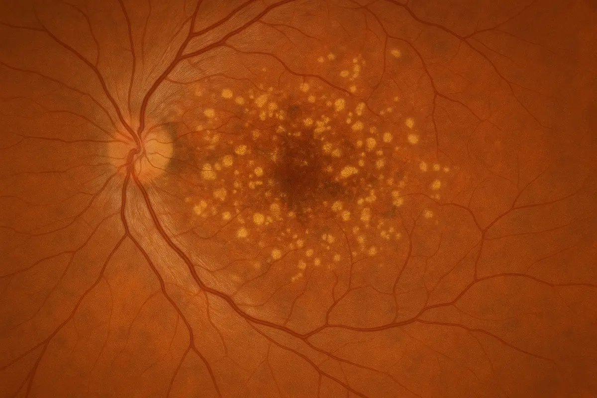 Dry age-related macular degeneration — retinal photograph showing drusen deposits at Stratus Eye in Suwanee, GA