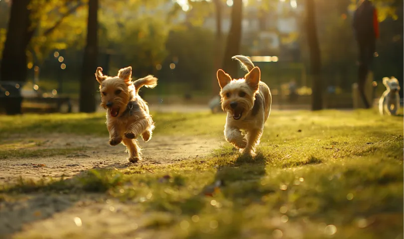 A couple of small dogs running across a field