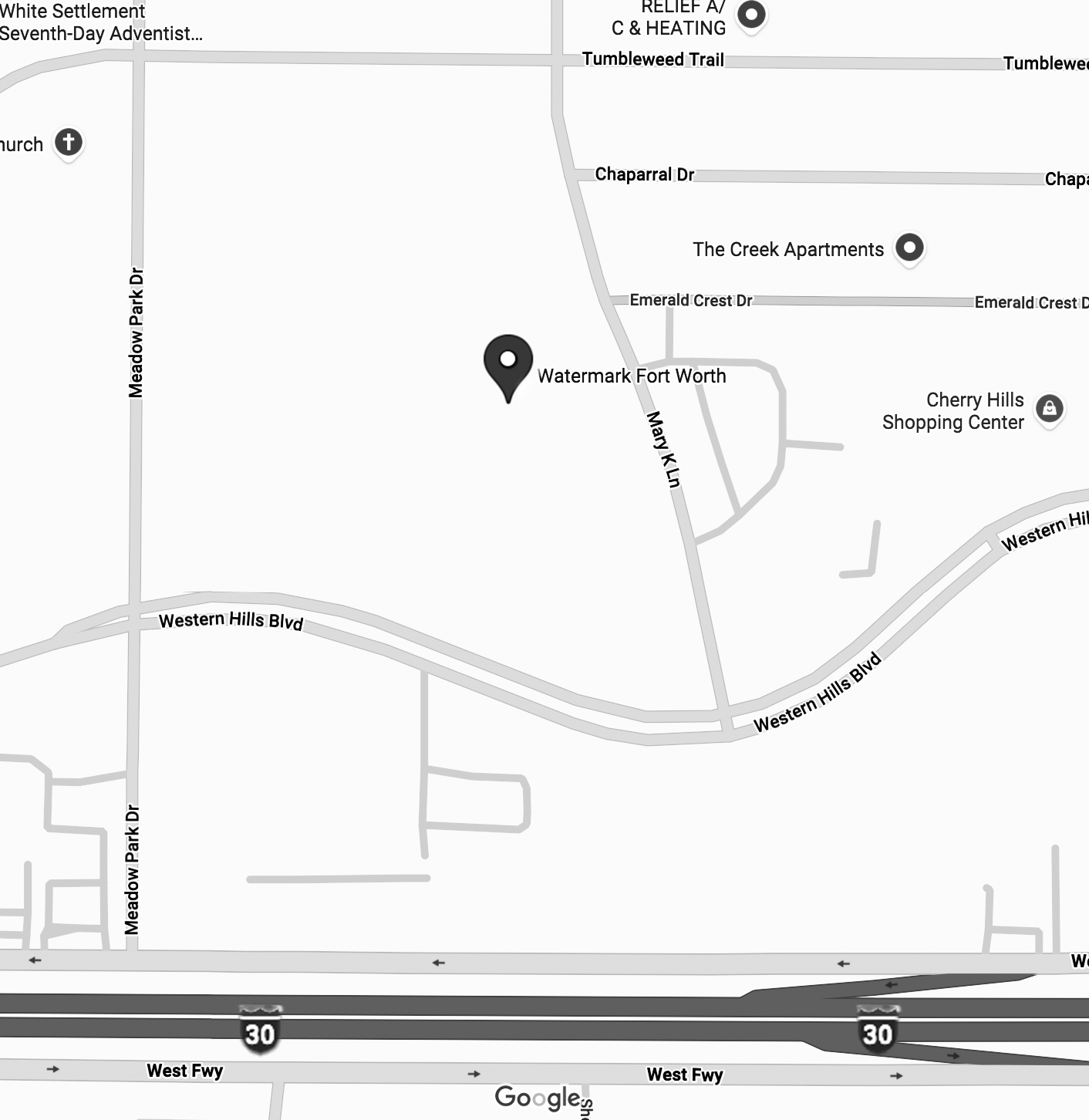 Map showing location of Watermark Fort Worth near Western Hills Blvd and West Fwy (Interstate 30) with nearby landmarks including The Creek Apartments and Cherry Hills Shopping Center.