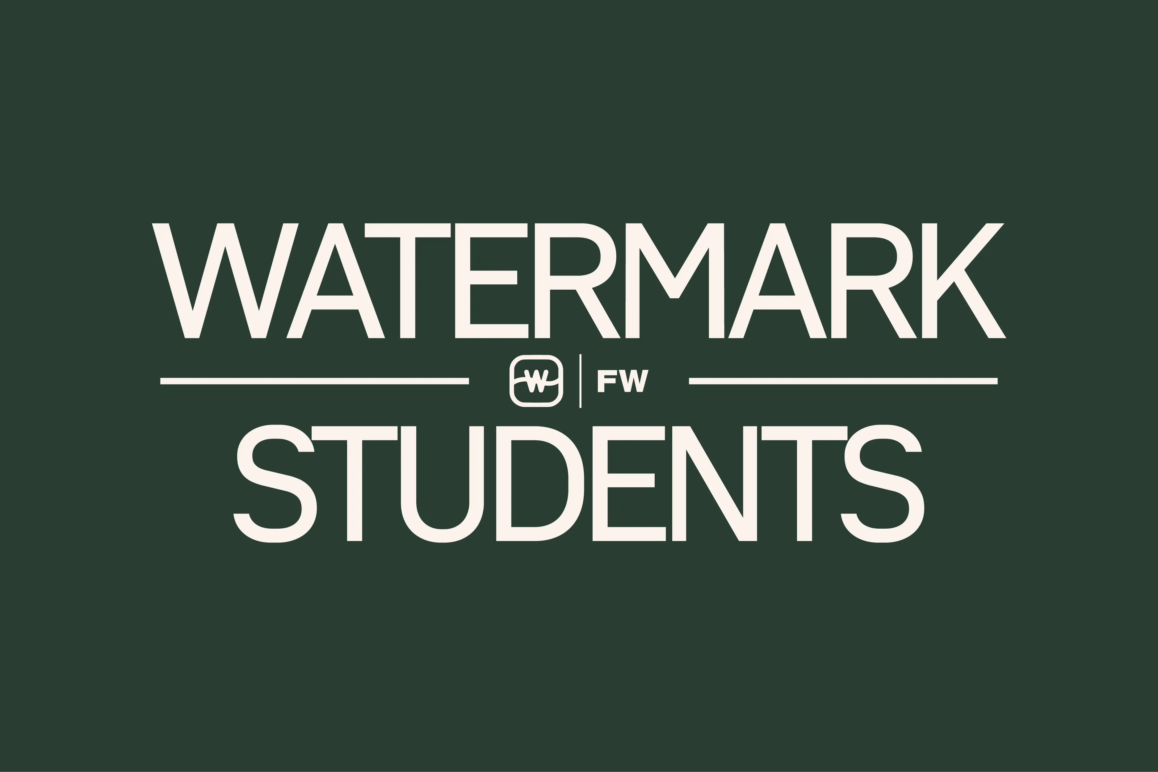 Text reading 'WATERMARK STUDENTS' with a small logo and 'FW' between two horizontal lines on a dark green background.
