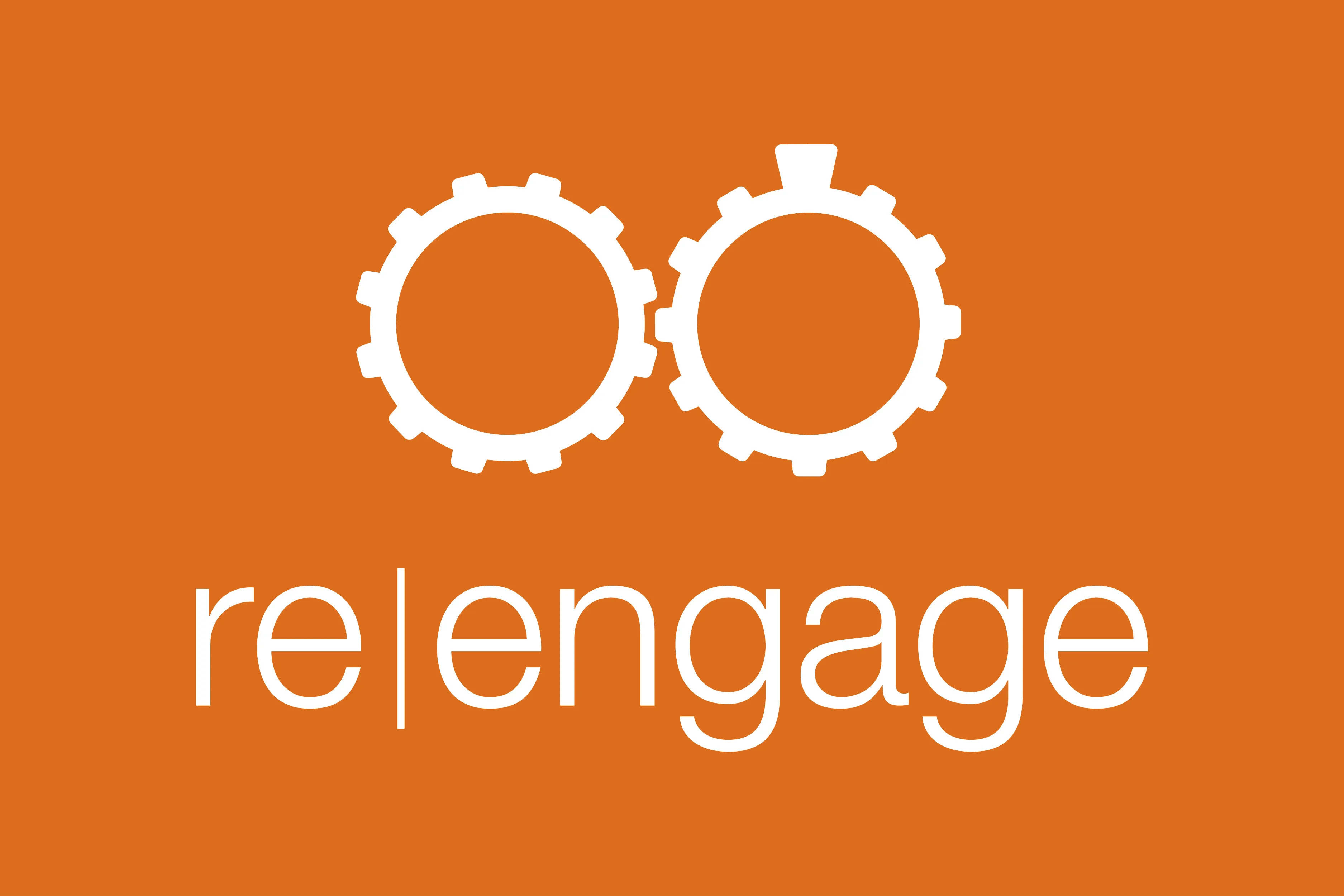 White text 're|engage' with two interlocking white gear icons above it on an orange background.