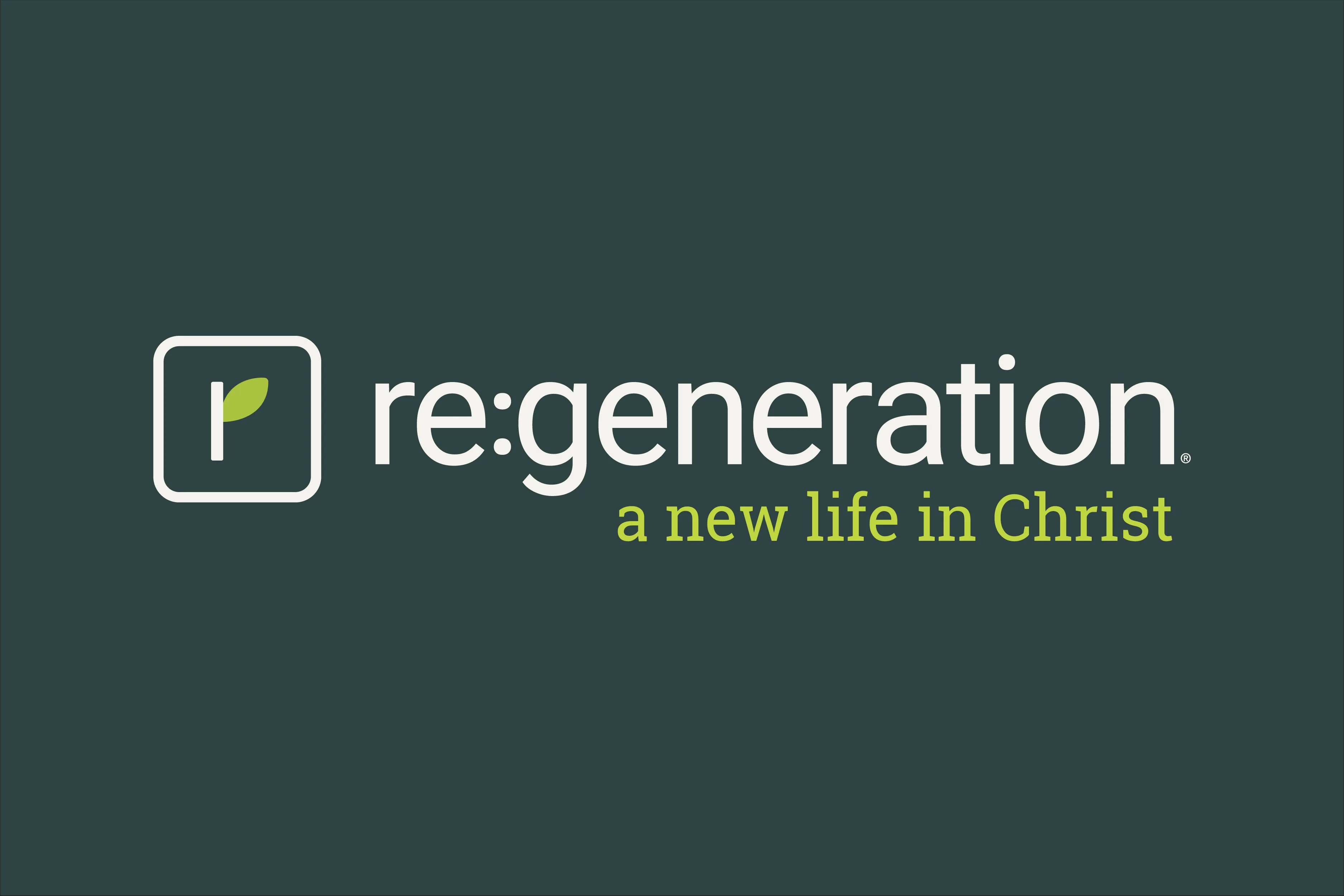Logo with a lowercase letter r and green leaf, followed by text 're:generation' and slogan 'a new life in Christ'.