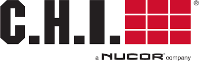 C.H.I. logo with red grid symbol and text 'a NUCOR company'.