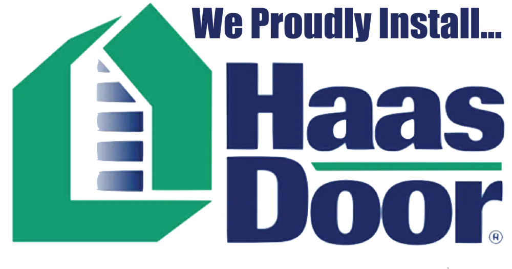 Haas Door logo with a green house outline and a sectional door inside, accompanied by the text 'We Proudly Install Haas Door'.
