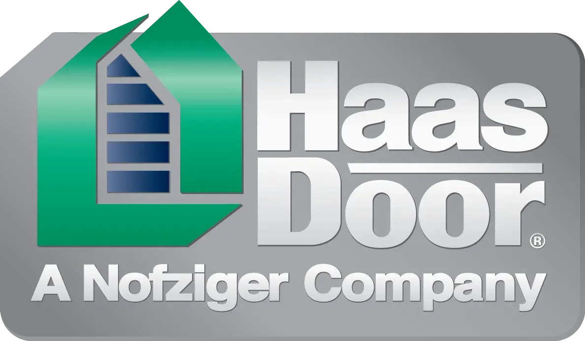 Haas Door logo featuring a green house-shaped icon with a stylized door and the text 'Haas Door A Nofziger Company' on a gray background.