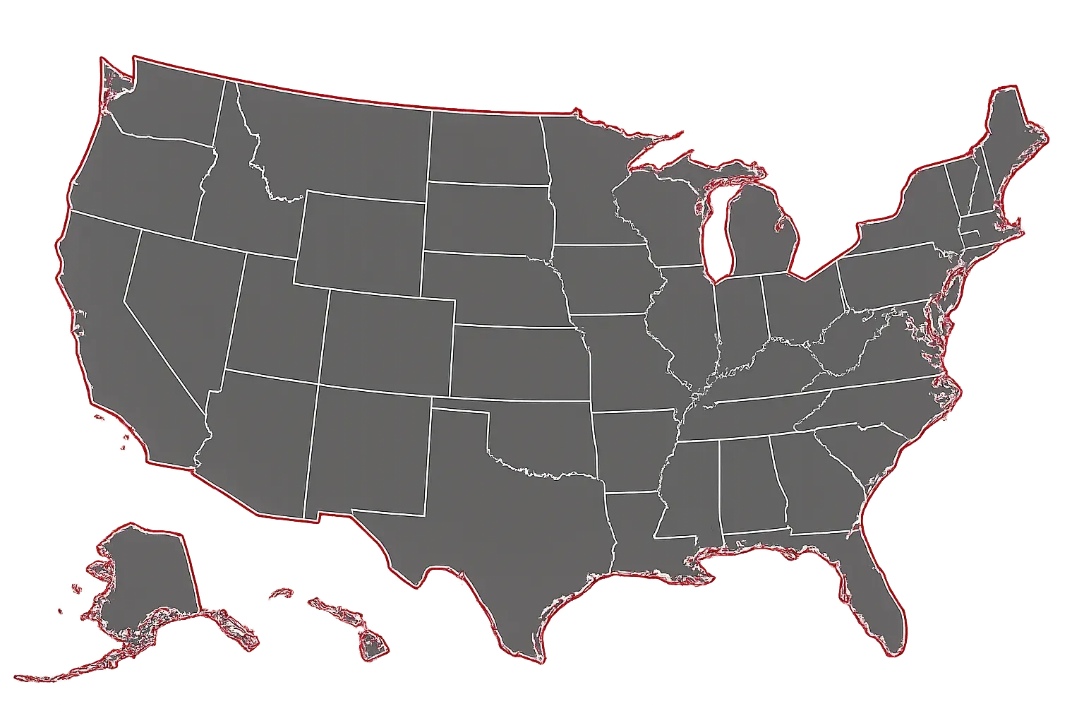 Outline map of the United States showing all state borders including Alaska and Hawaii.