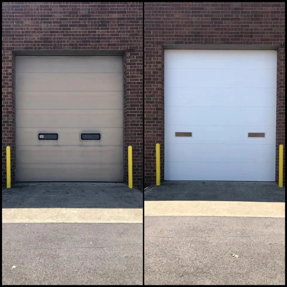 Side-by-side comparison of two garage doors on a brick building, left door is beige and weathered, right door is clean and bright white.