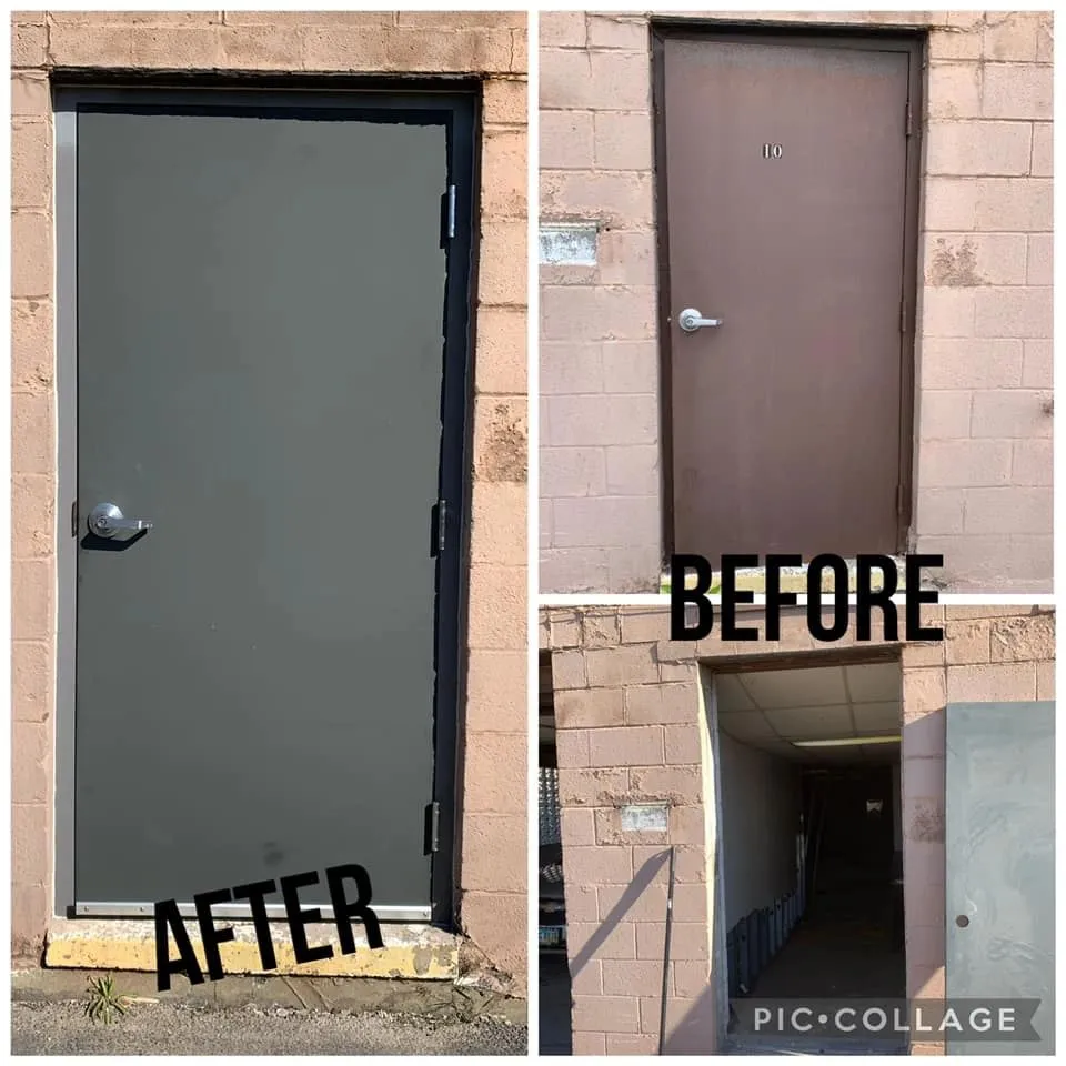 Before and after photos of a repaired door in a beige brick wall; before shows a damaged doorway with no door, after shows a gray door installed.
