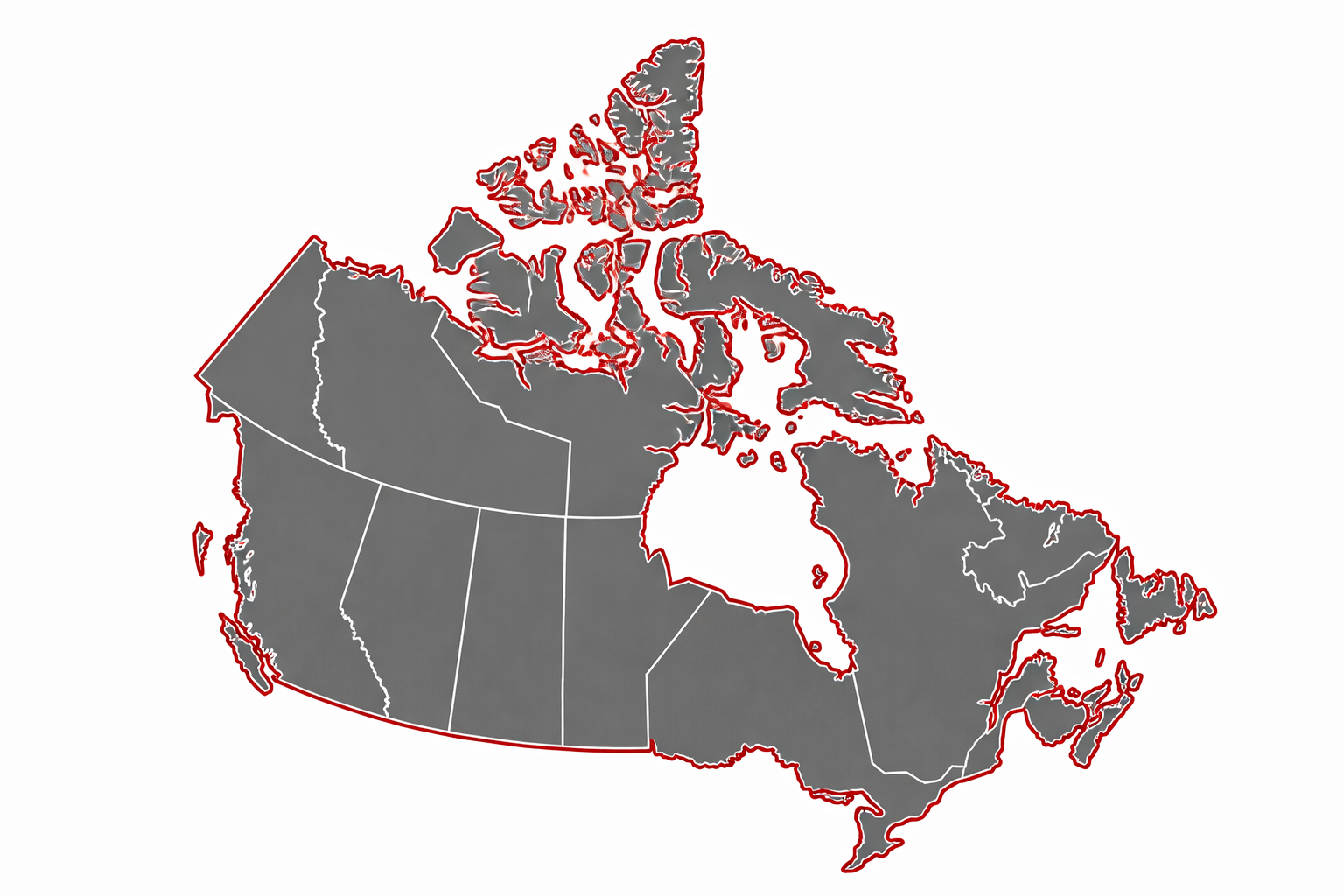 Map of Canada showing provincial and territorial boundaries with red and white outlines on a gray background.