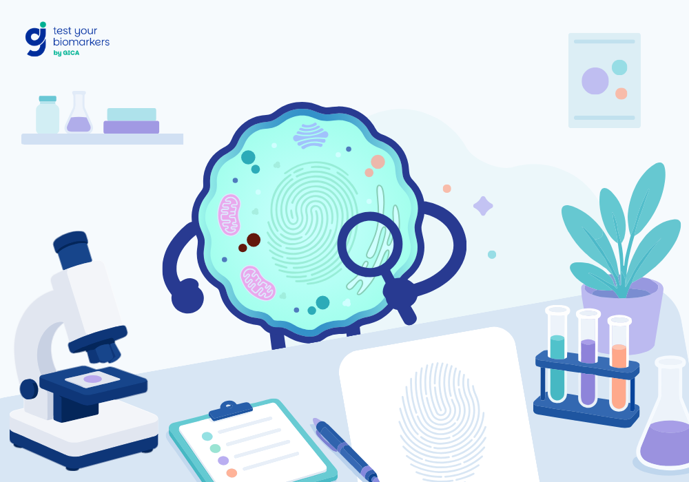 Illustration of a cell under a magnifying glass, surrounded by a microscope, test tubes, and lab results
