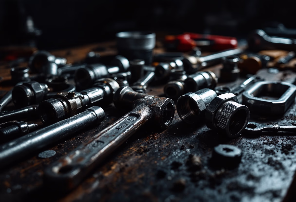 image of tools organized on a workbench (for a plumbing service)