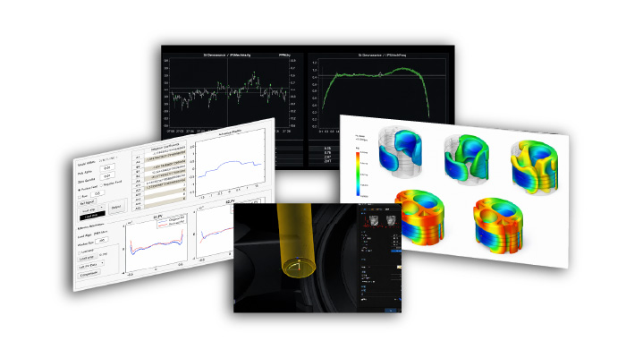 Multiple scientific and engineering data visualizations including graphs, a 3D thermal or stress simulation of a mechanical part, and a close-up image of a yellow cylindrical object with measurement overlay.