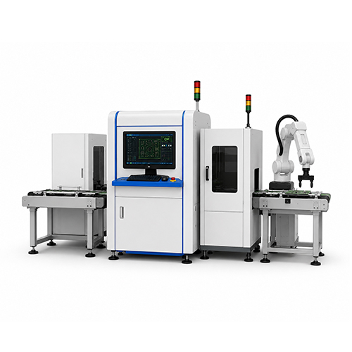 Automated industrial machine with computer interface and robotic arm on conveyor belt system.