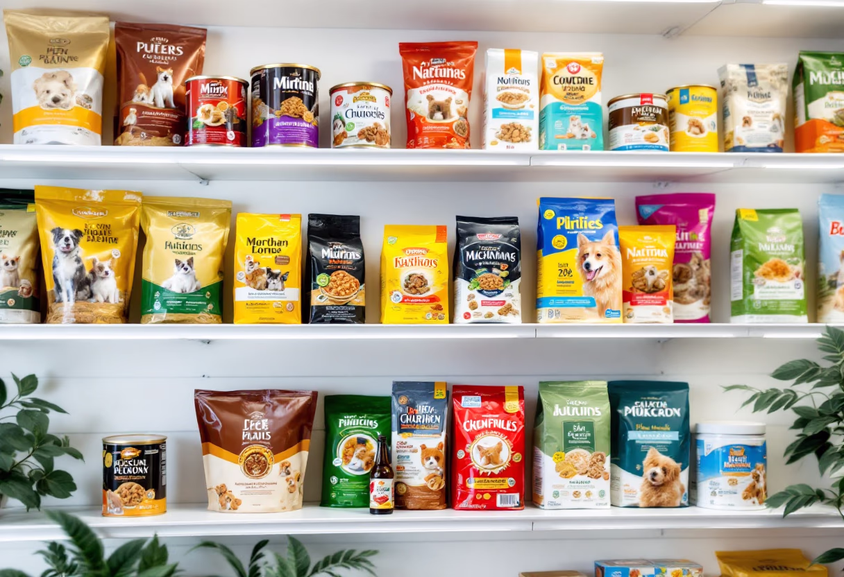 image of various pet food brands on shelves (for a pet store)