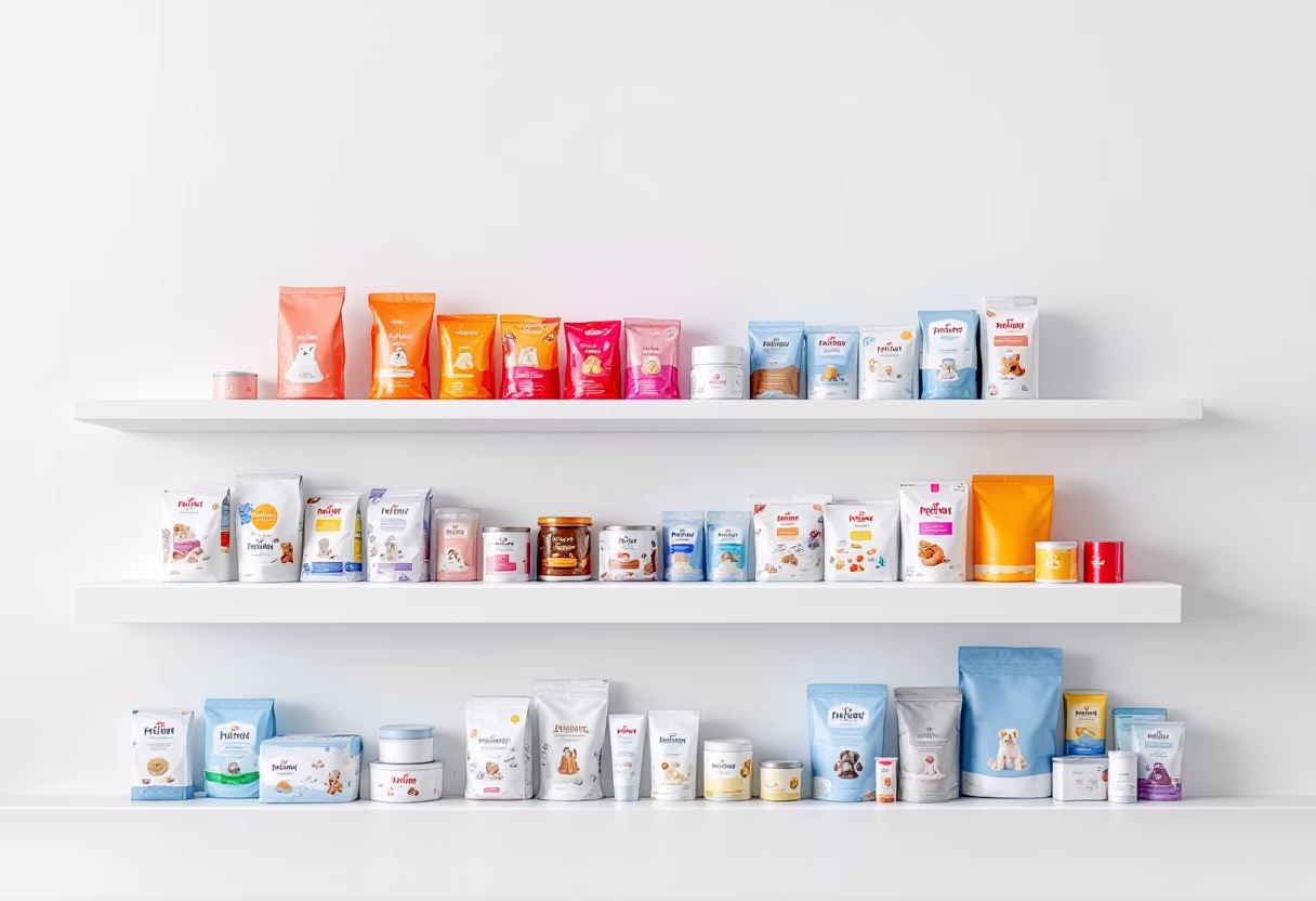 image of various pet food brands on shelves (for a pet store)