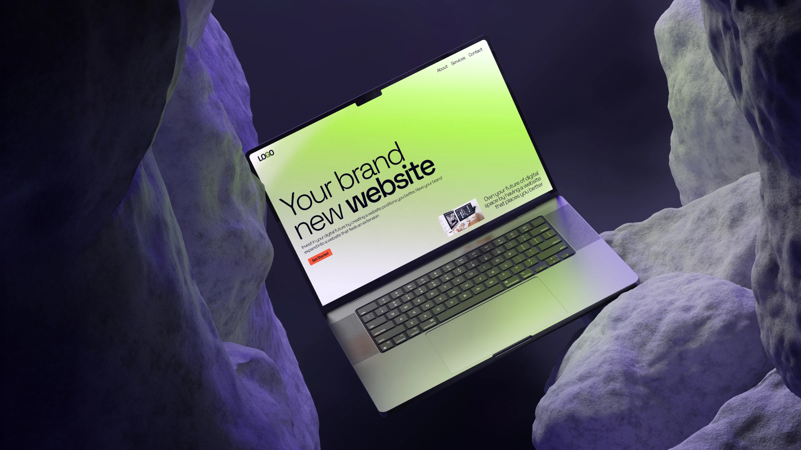 Laptop floating among large textured rocks with a website homepage displayed showing text 'Your brand new website' on a green gradient background.