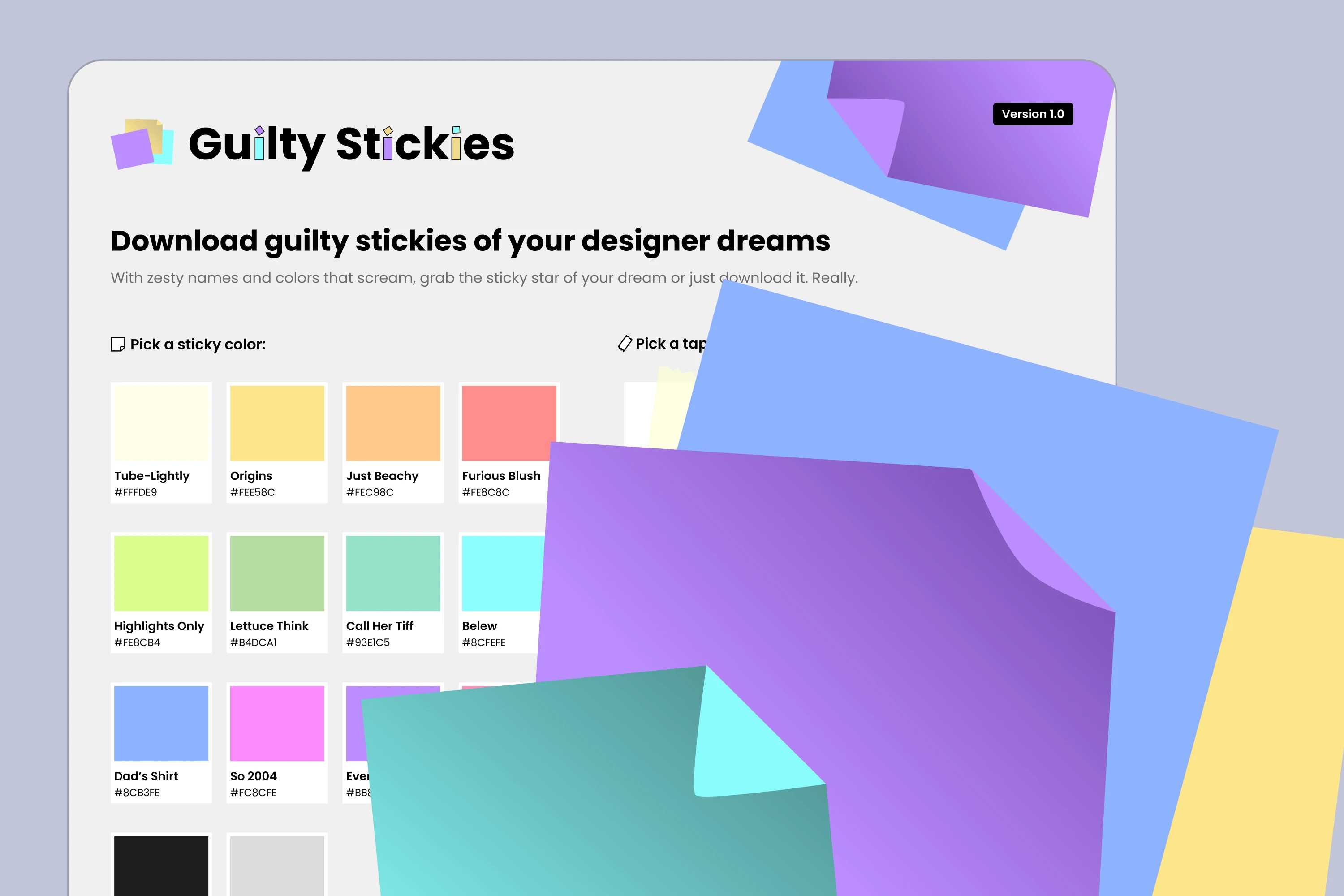 Interface for downloading colorful sticky note designs with various pastel color options.