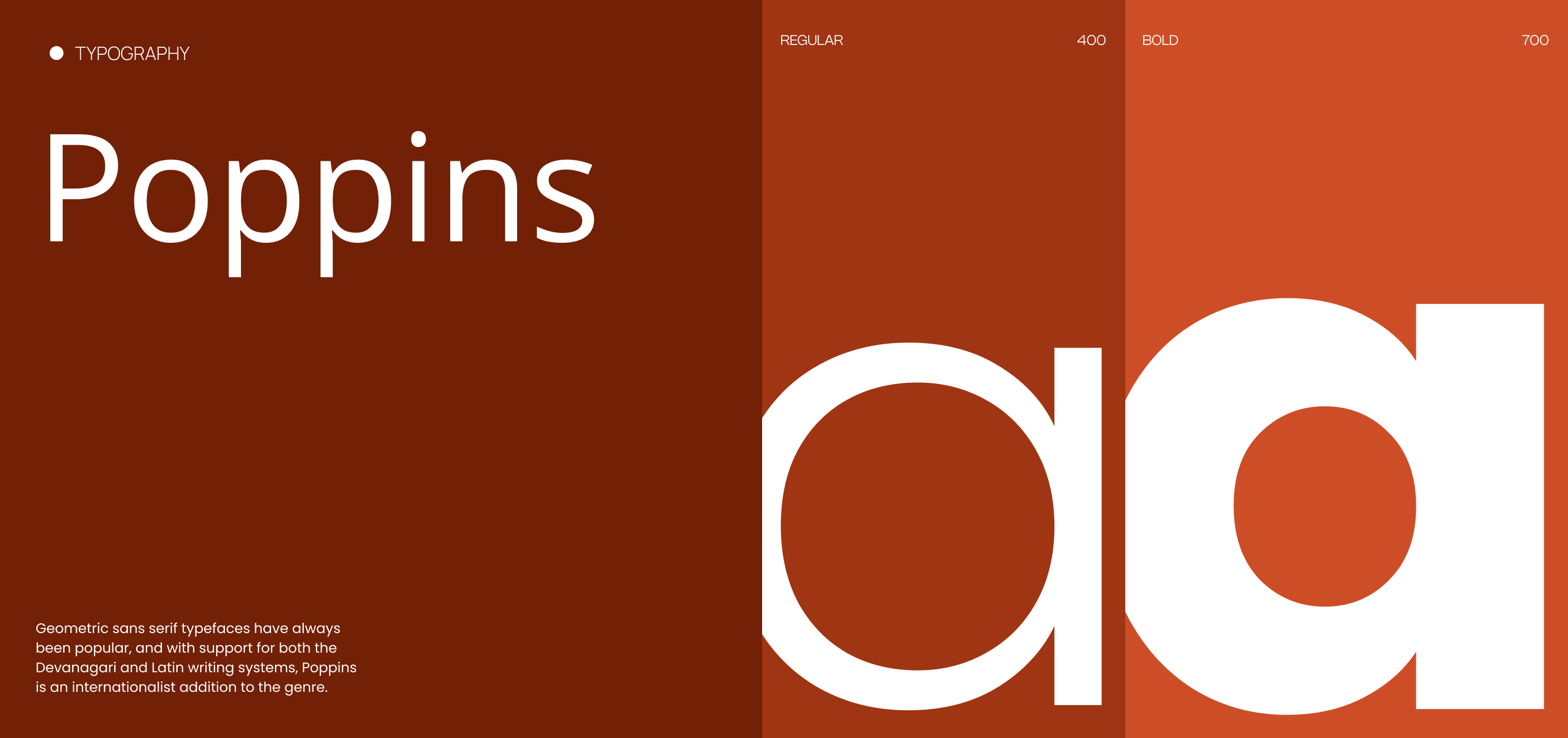 Typography layout showcasing the Poppins font with geometric sans serif style, highlighting regular (400) and bold (700) weights.