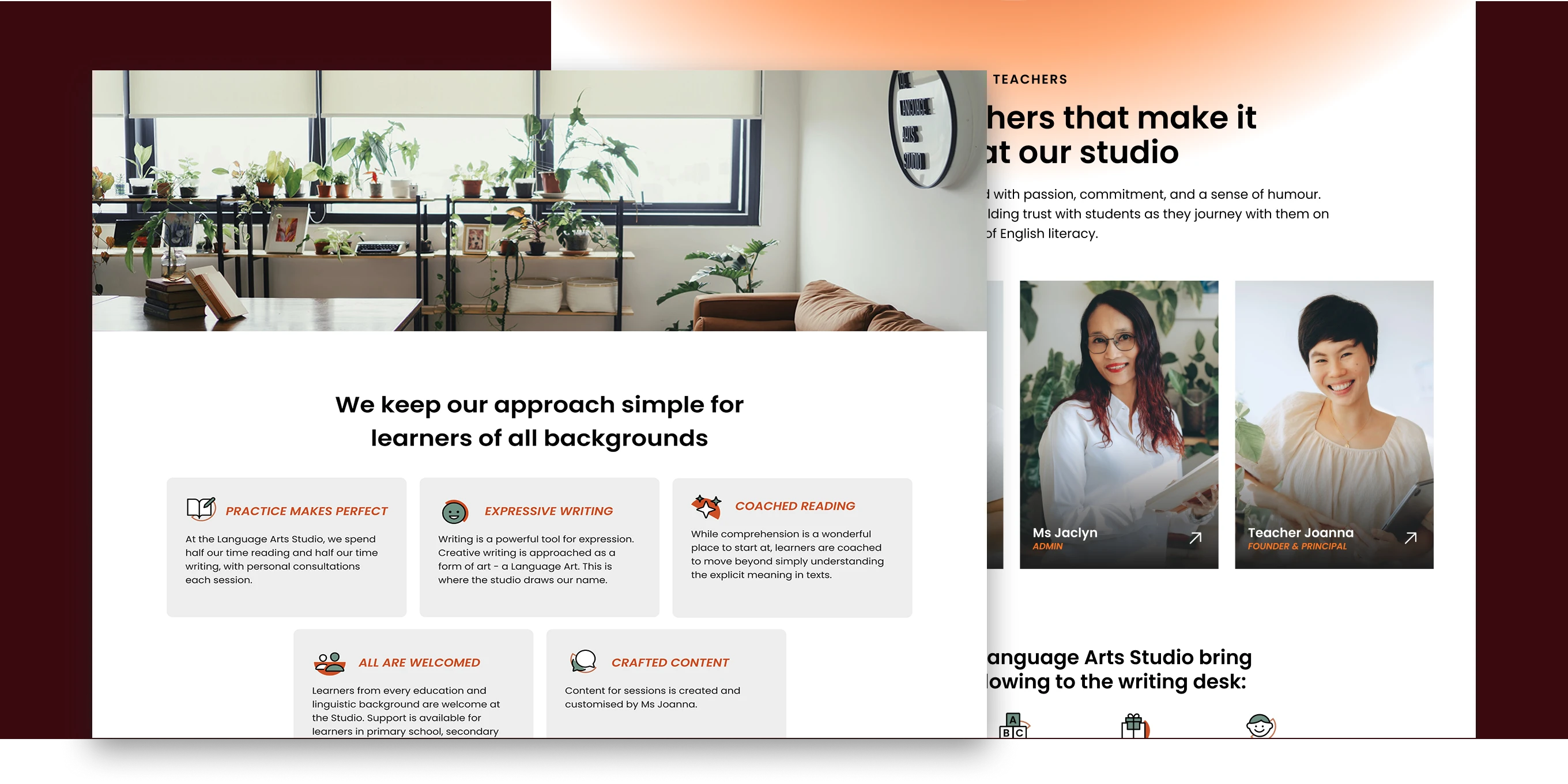 Modern classroom with large windows, books, many potted plants on shelves, and a cozy brown couch.