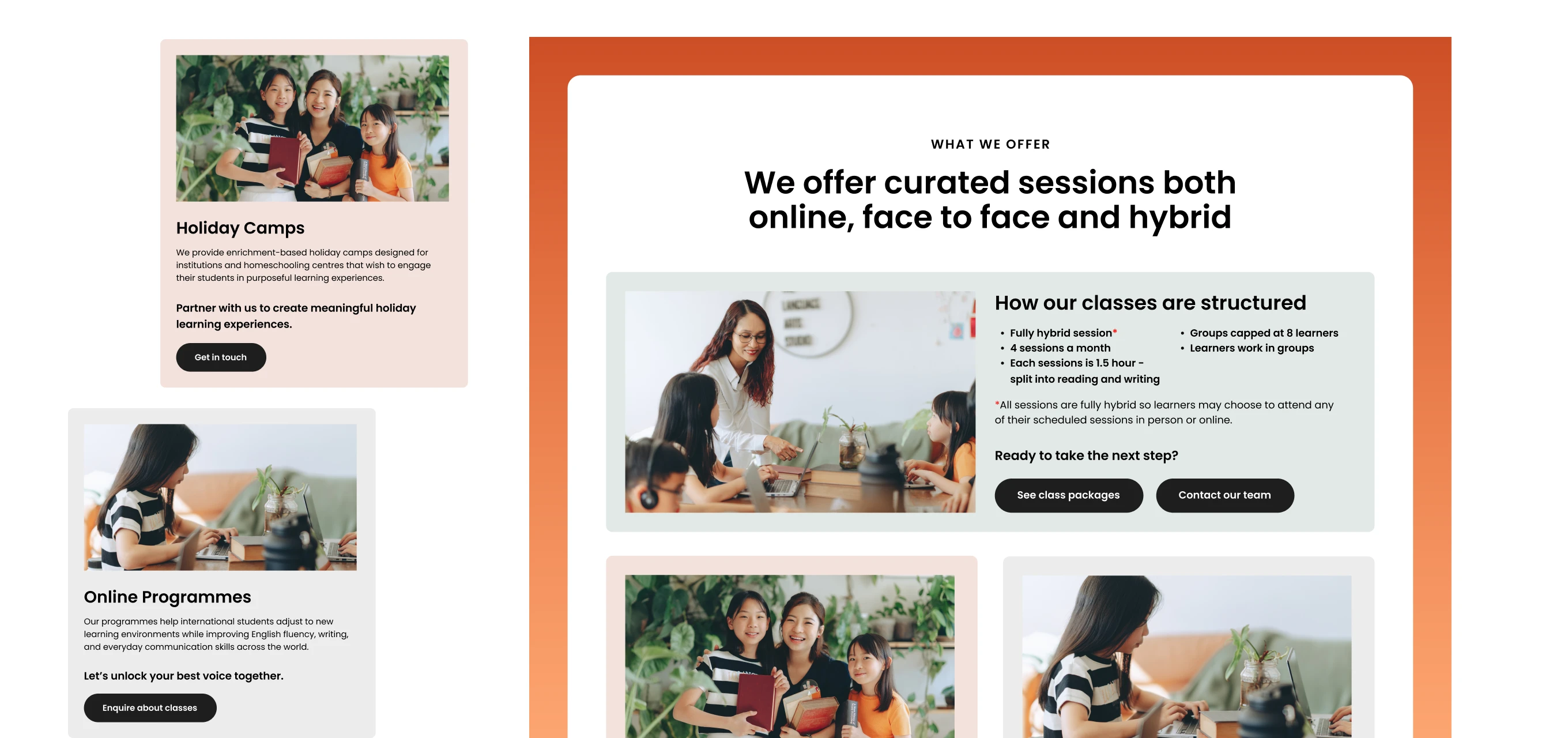 Collage with text blocks and images showing holiday camps and online programs for learners, including a teacher leading a hybrid class and children holding books.