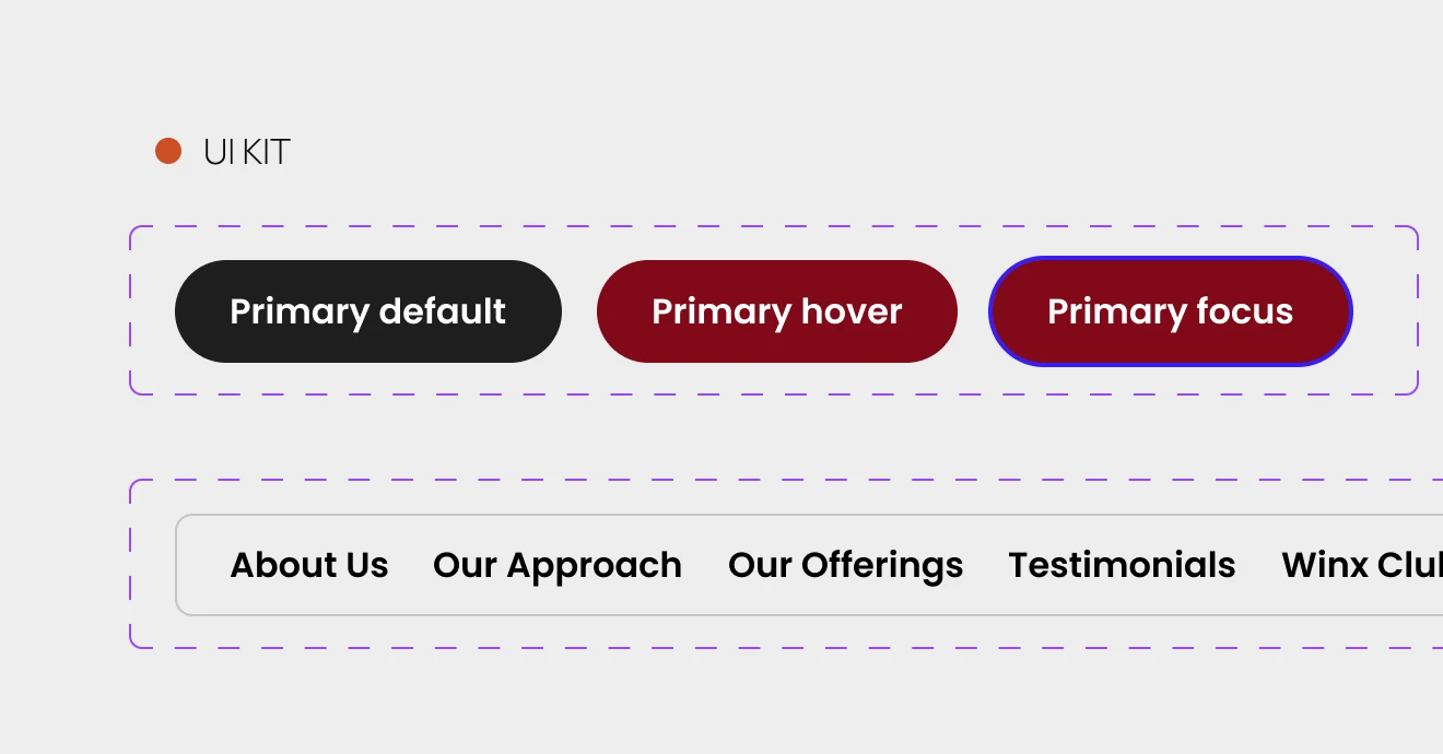 UI kit showing three primary buttons labeled Primary default, Primary hover, and Primary focus; below is a horizontal navigation menu with links About Us, Our Approach, Our Offerings, Testimonials, and Winx Club.