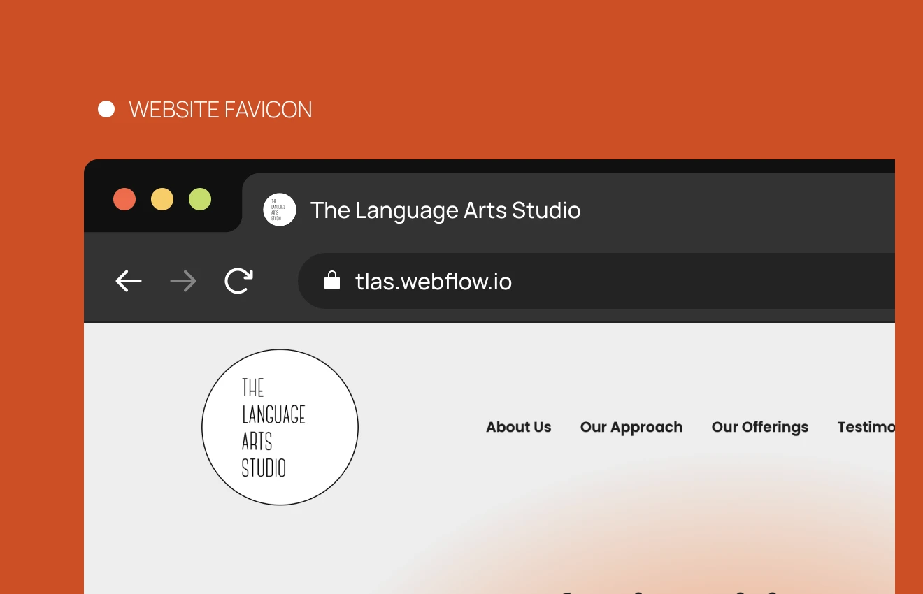 Browser window showing The Language Arts Studio website with its circular logo and navigation menu on a red background labeled Website Favicon.