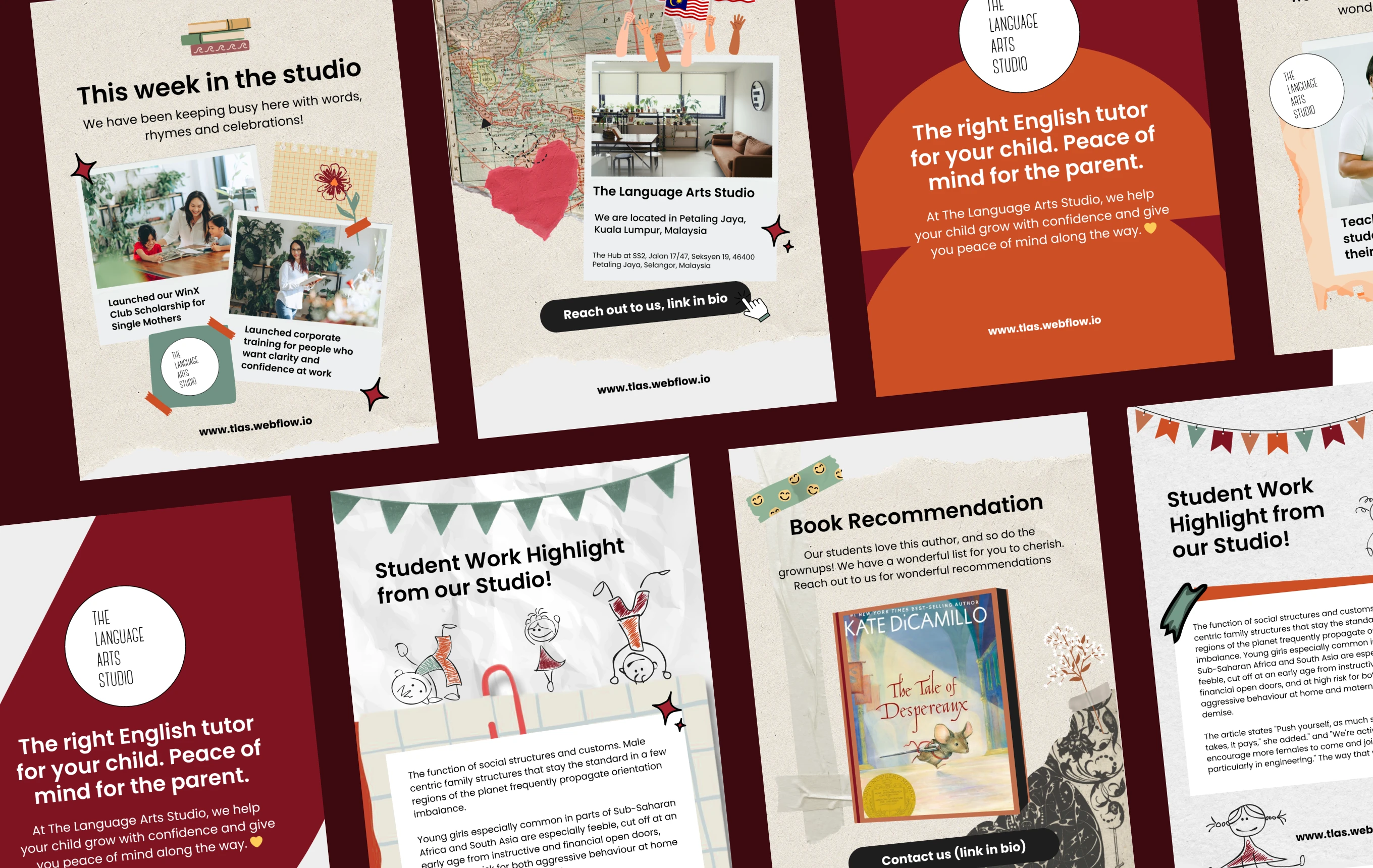 Collage of promotional graphics for The Language Arts Studio featuring announcements, student work highlights, a book recommendation, and a tutor advertisement with photos and illustrations.