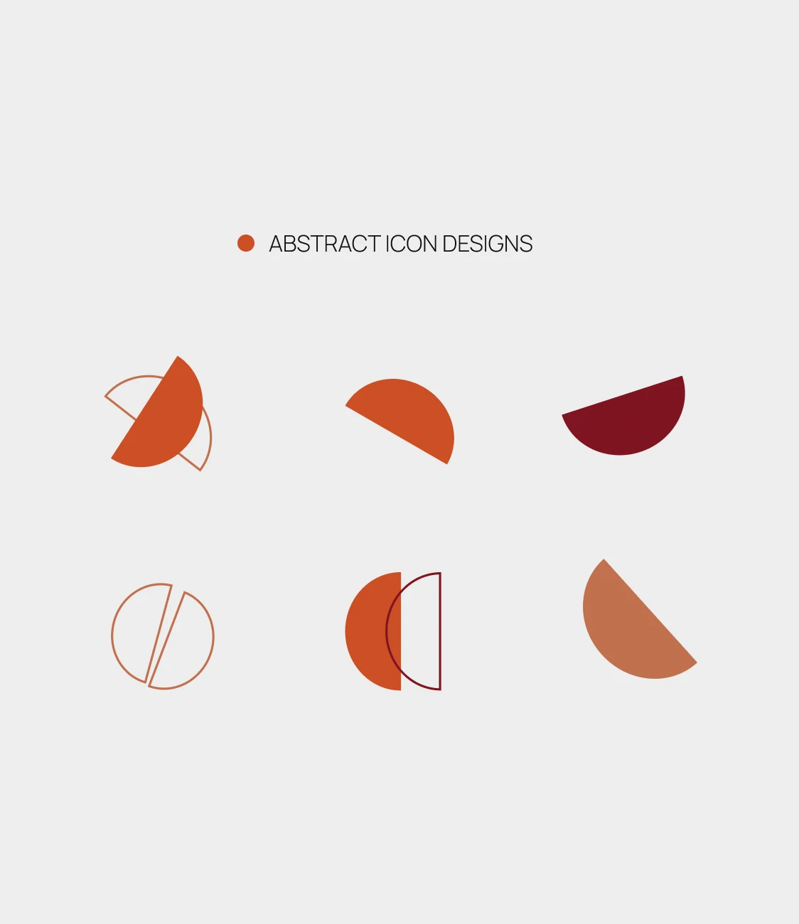 Six abstract geometric icons composed of semi-circles and lines in shades of orange and maroon on a light gray background, labeled 'Abstract Icon Designs'.