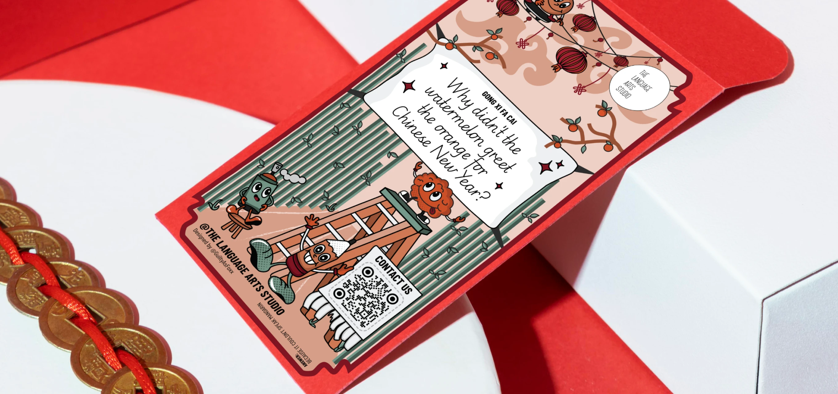 Red ang pow packet featuring cartoon characters and a Chinese New Year joke about why the watermelon didn't greet the orange.