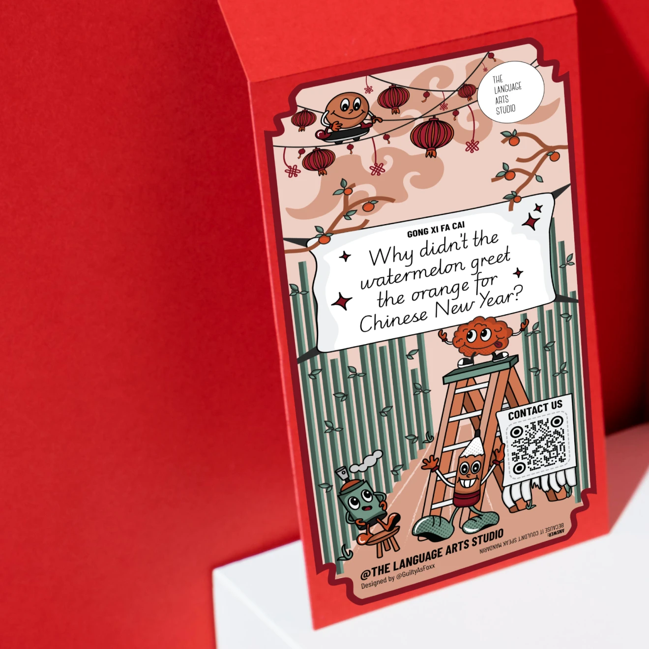 Red envelope featuring a cartoon orange on a skateboard, red lanterns, a ladder with a cartoon watermelon and chopsticks, and text asking why the watermelon didn't greet the orange for Chinese New Year.