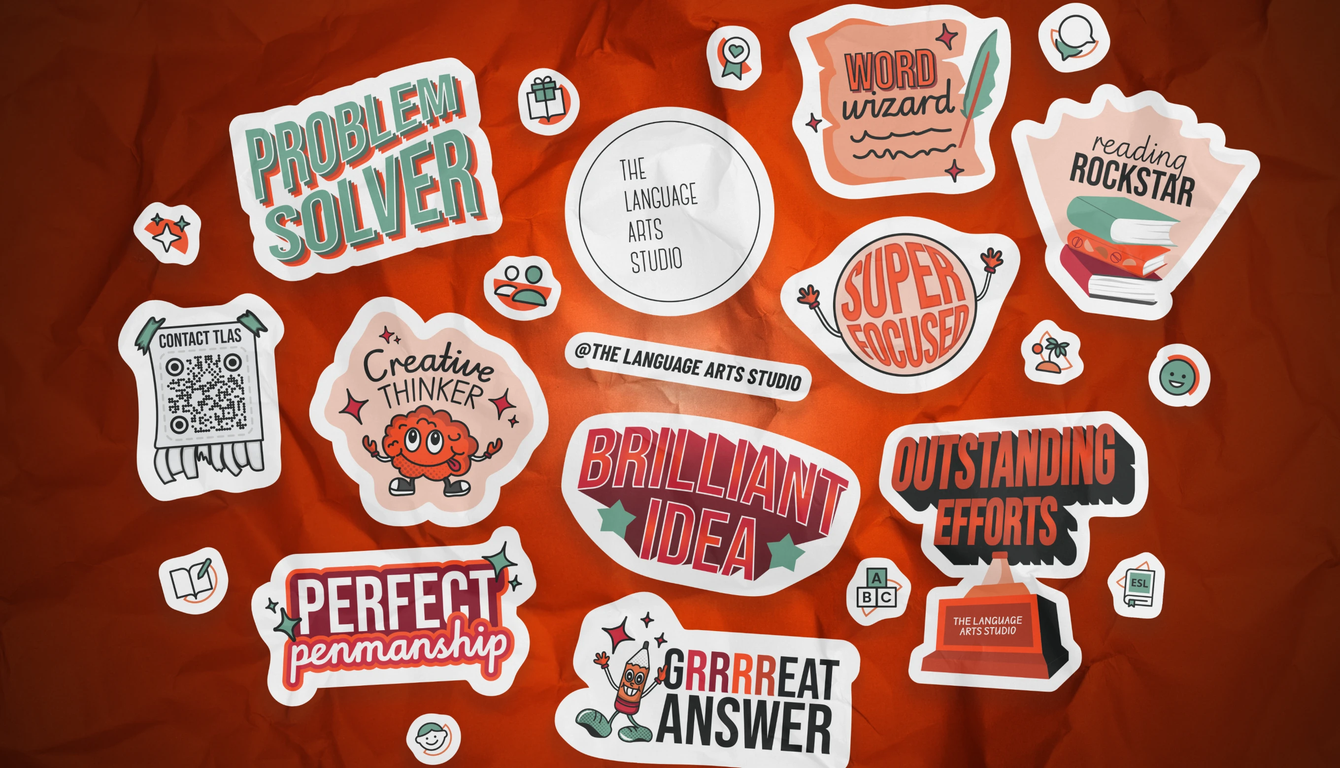 Colorful stickers on a crumpled orange background with phrases like Problem Solver, Creative Thinker, Brilliant Idea, Word Wizard, Reading Rockstar, Super Focused, Perfect Penmanship, Outstanding Efforts, and Grrrrreat Answer.