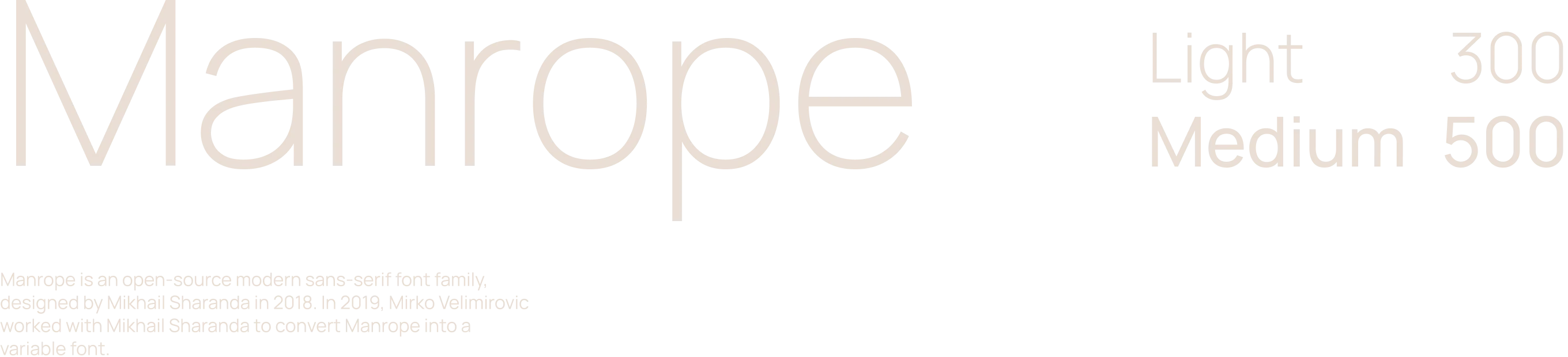 Typography sample displaying the word 'Manrope' in a modern font with light and medium weight options labeled 300 and 500 respectively.