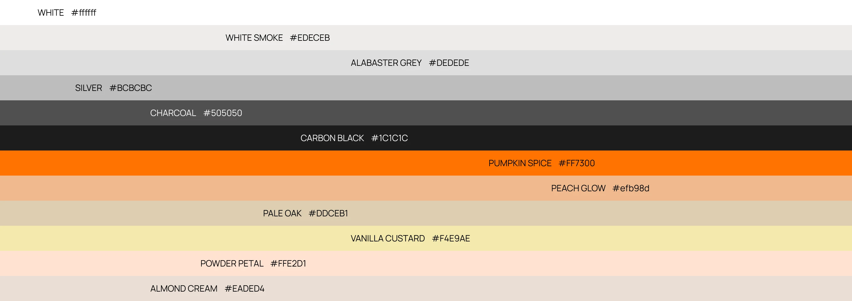Color palette with horizontal stripes labeled with color names and hex codes, including White #ffffff, White Smoke #edeceb, Alabaster Grey #dedede, Silver #bcbcbc, Charcoal #505050, Carbon Black #1c1c1c, Pumpkin Spice #ff7300, Peach Glow #efb98d, Pale Oak #ddceb1, Vanilla Custard #f4e9ae, Powder Petal #ffe2d1, Almond Cream #eaded4.