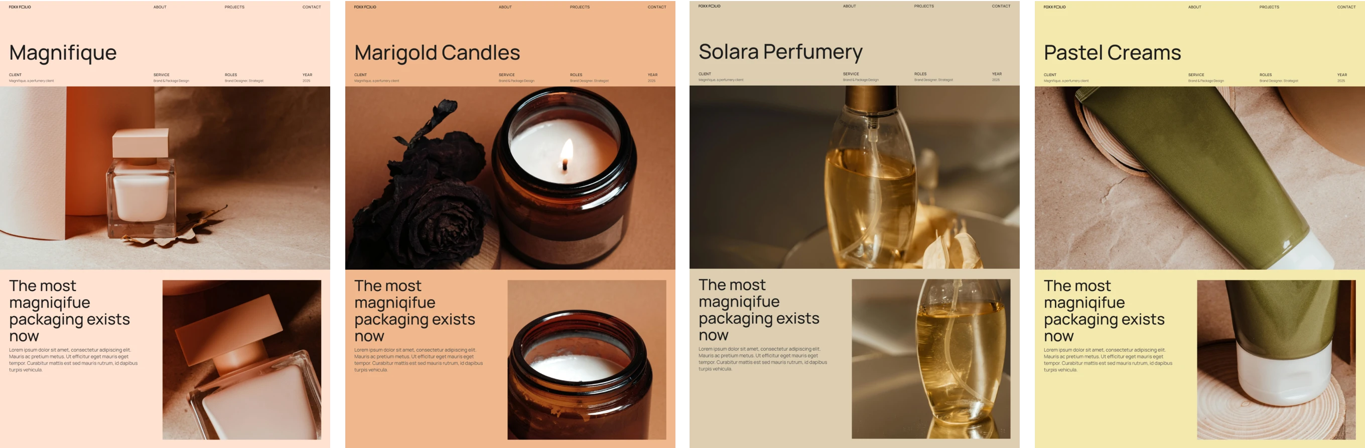 Website project portfolio showing four branding designs: Magnifique perfume bottle, Marigold Candles in brown jars, Solara Perfumery liquid in clear bottles, and Pastel Creams in green tubes.