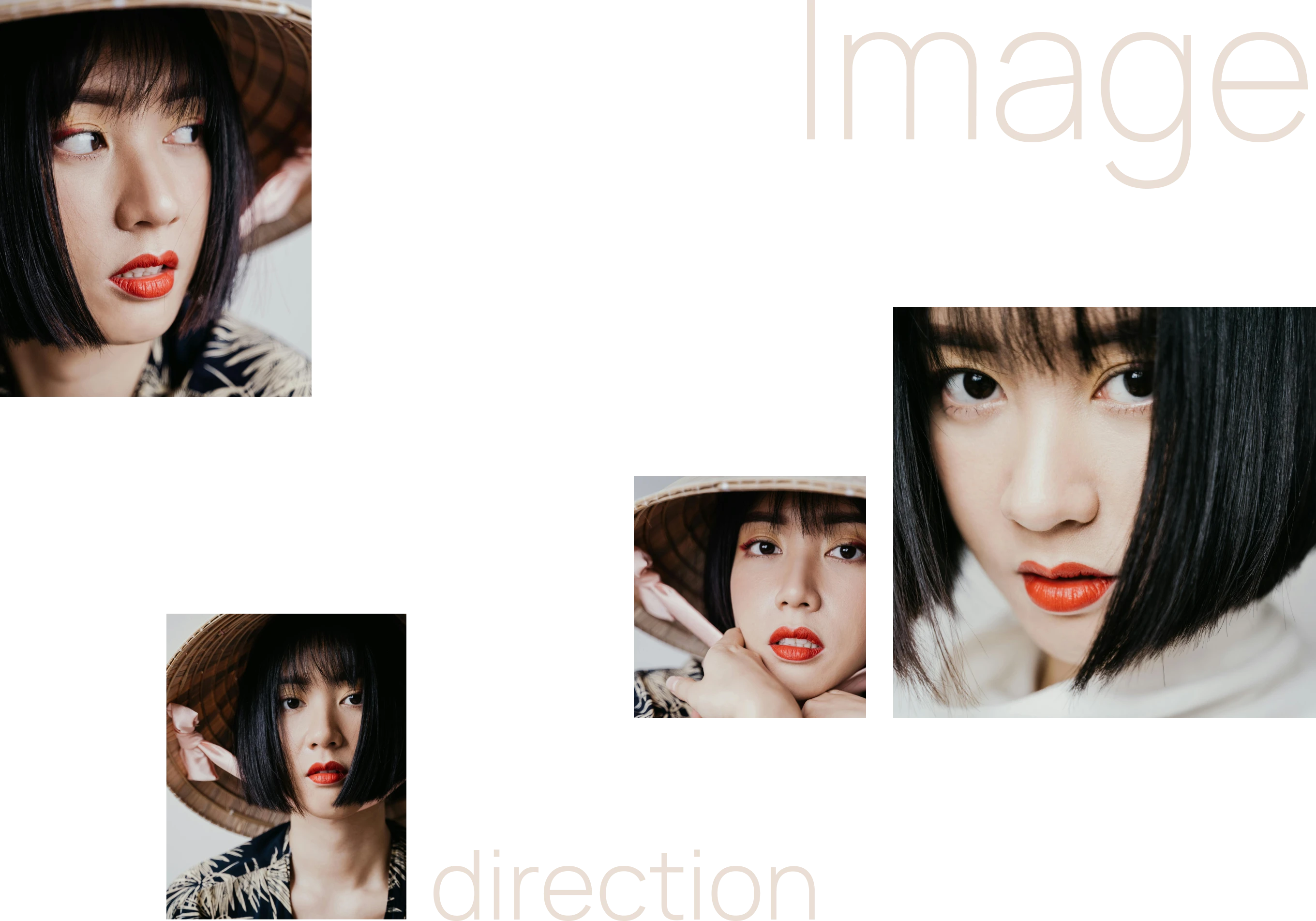 Collage of a young woman with short black hair and red lipstick wearing a conical hat, shown in various close-up and medium shots against a black background.