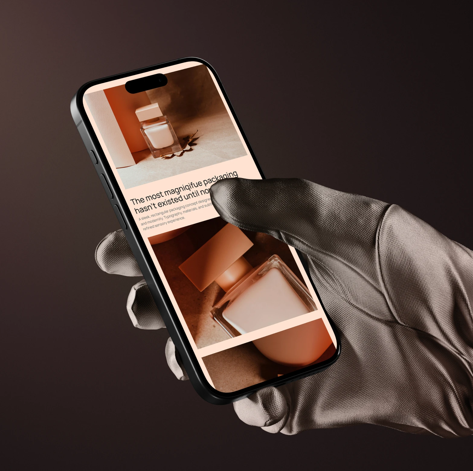 Hand wearing a light gray glove holding a smartphone displaying images and text about sleek rectangular packaging design.