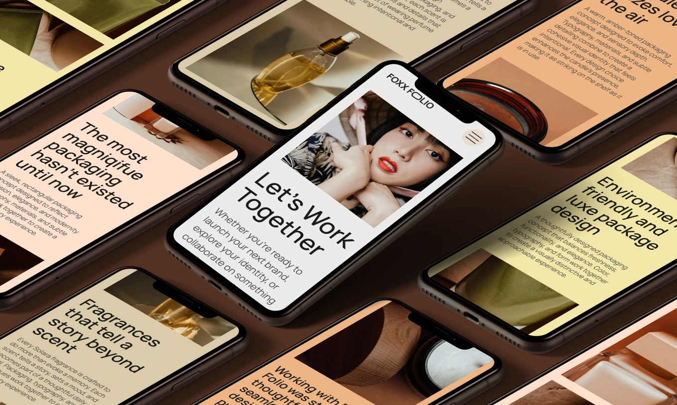Multiple smartphones displaying a design portfolio website with packaging and branding content on a brown surface.