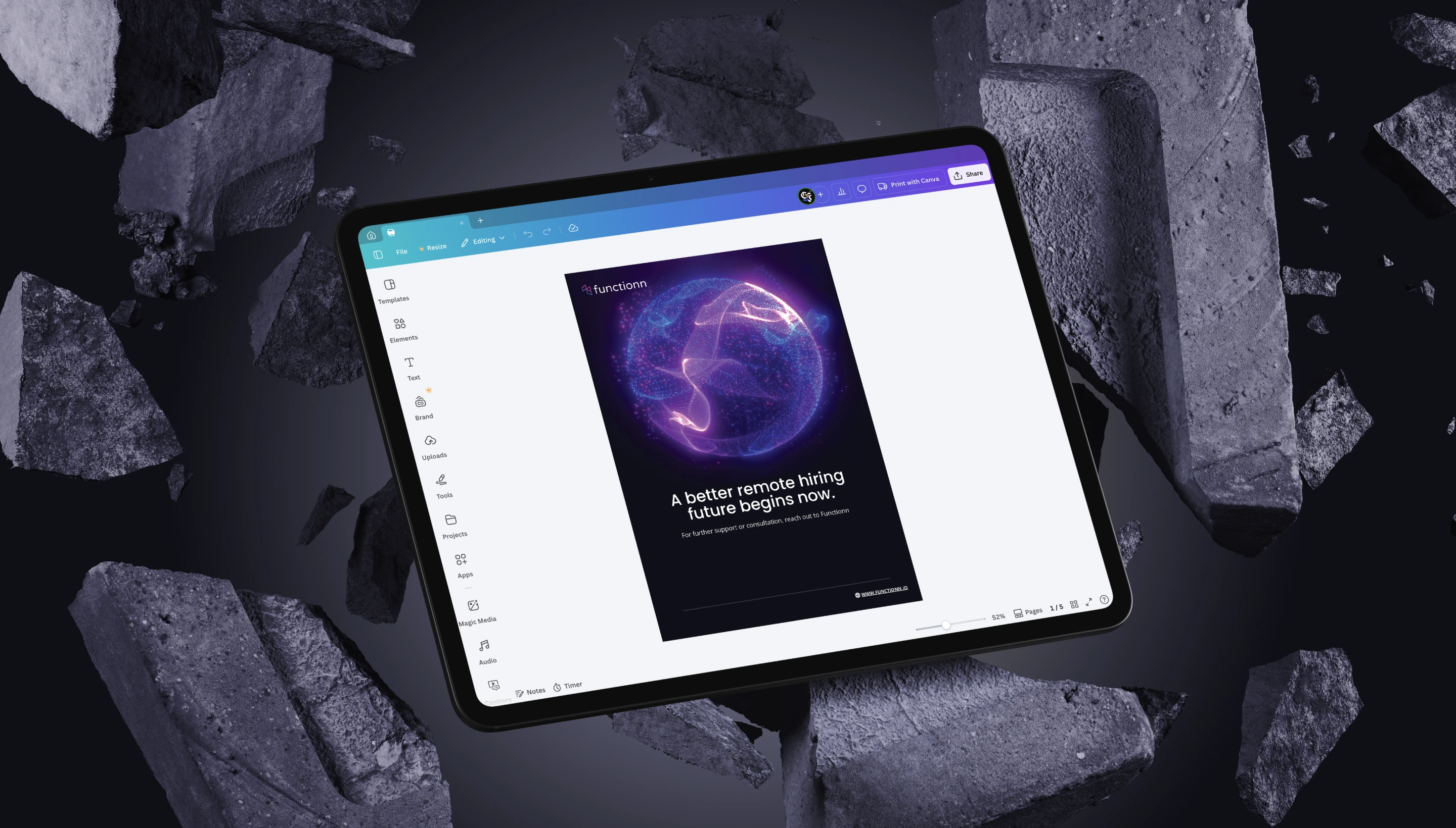 Tablet displaying a digital graphic editing interface with a poster that reads 'A better remote hiring future begins now' surrounded by floating concrete debris.