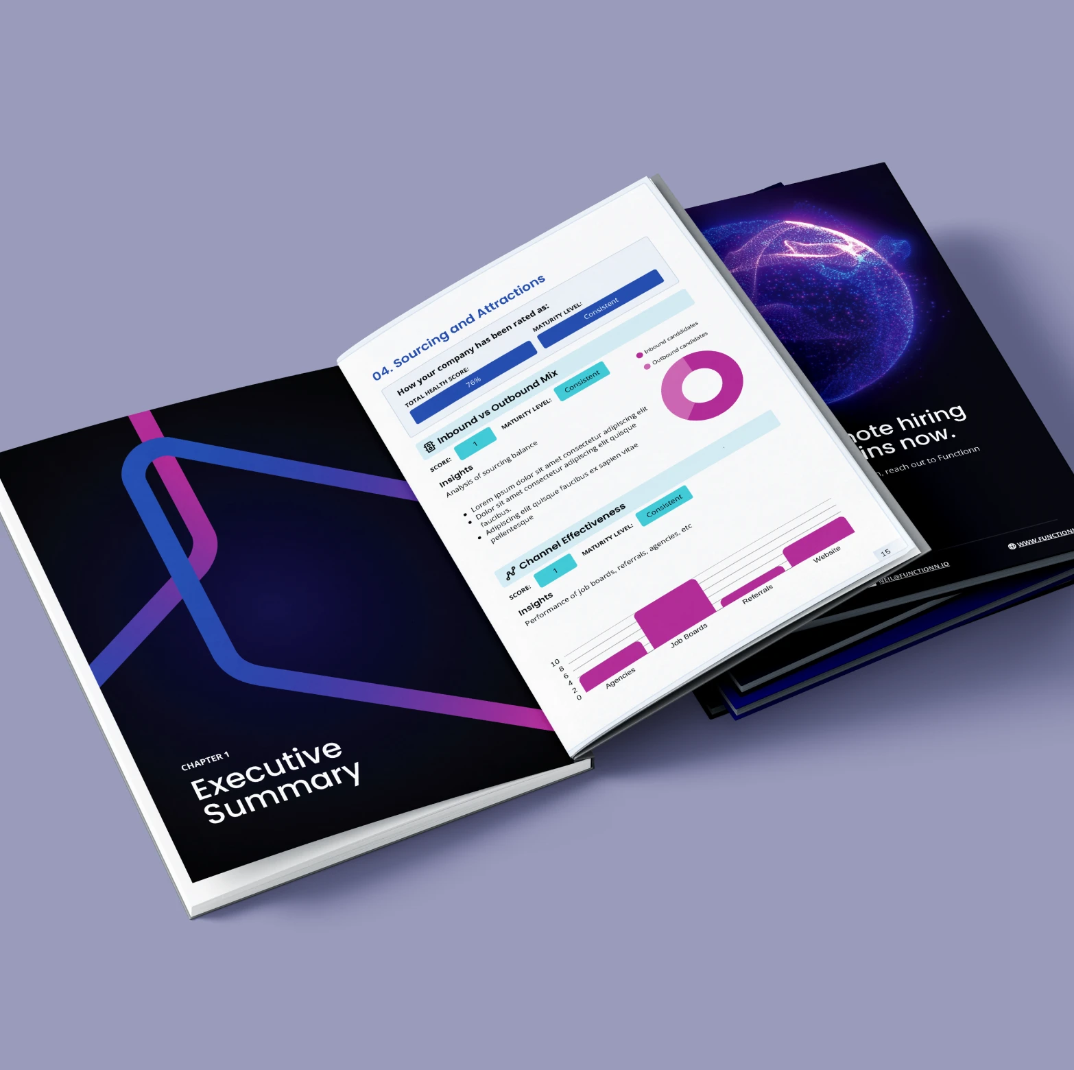 Open report showing chapter titled Executive Summary on the left and data charts about sourcing and attraction on the right page with a purple background.