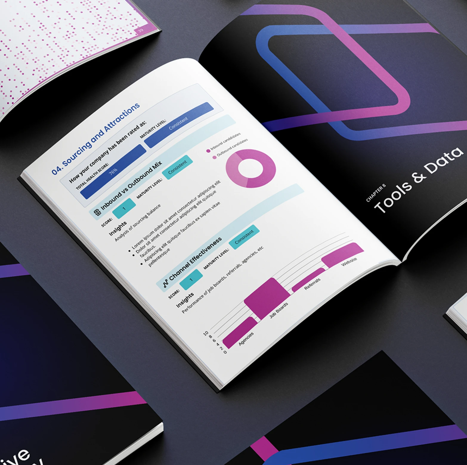 Open magazine showing Chapter 8 titled 'Tools & Data' and a page with charts and graphs analyzing sourcing and attraction metrics.