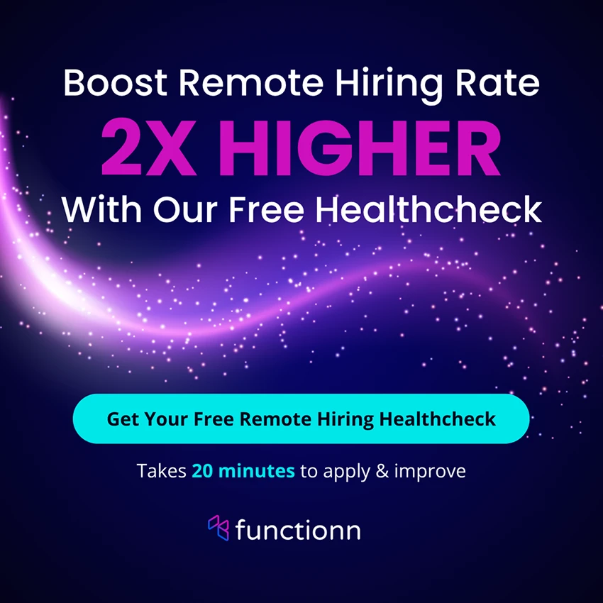 Advertisement promoting a free remote hiring healthcheck that can double the remote hiring rate, with a blue button saying 'Get Your Free Remote Hiring Healthcheck' on a dark purple background with light effects.