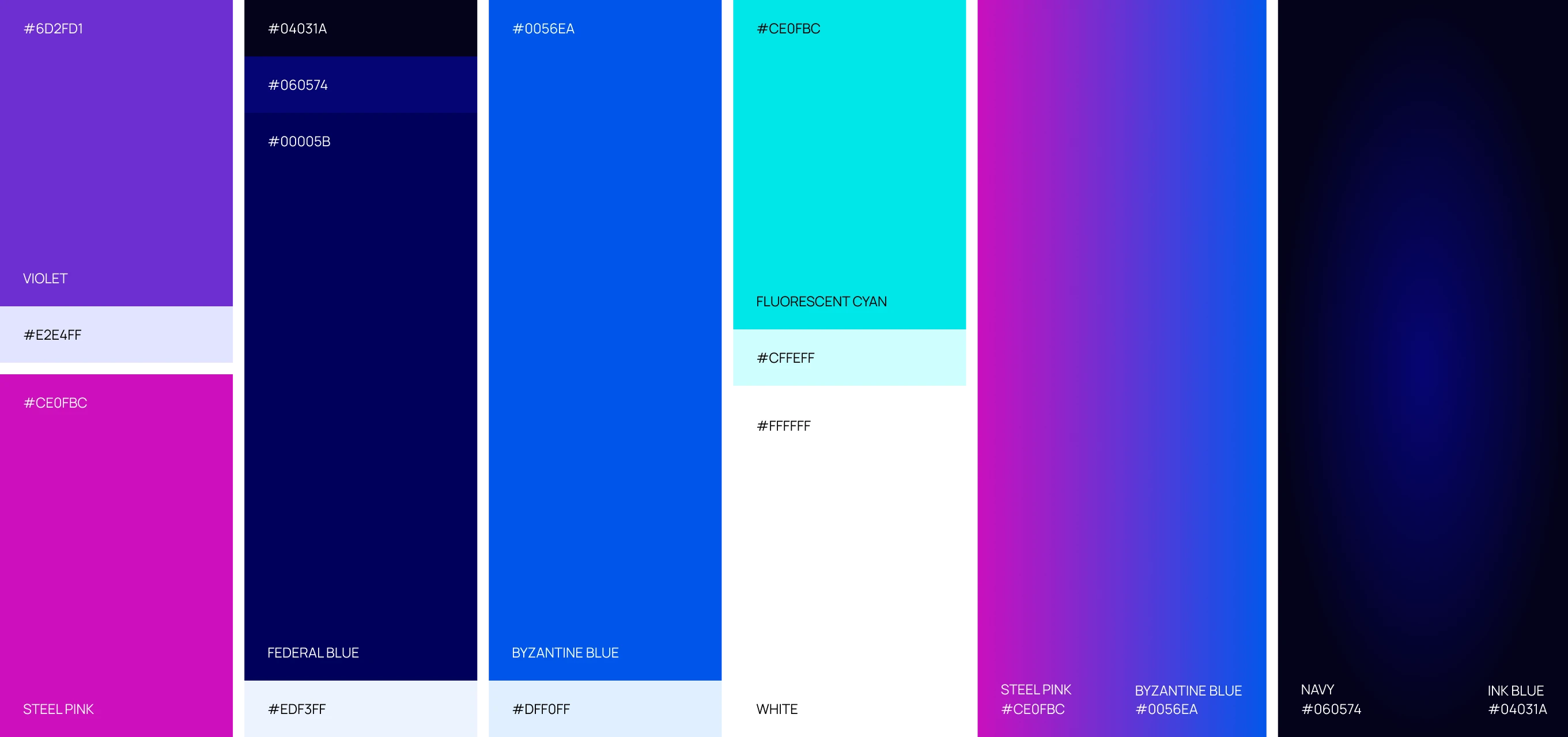 Color palette showing swatches of violet (#6D2FD1), steel pink (#CE0FBC), federal blue (#04031A, #060574, #00005B), byzantine blue (#0056EA), fluorescent cyan (#CE0FBC), white (#FFFFFF), and navy (#060574).