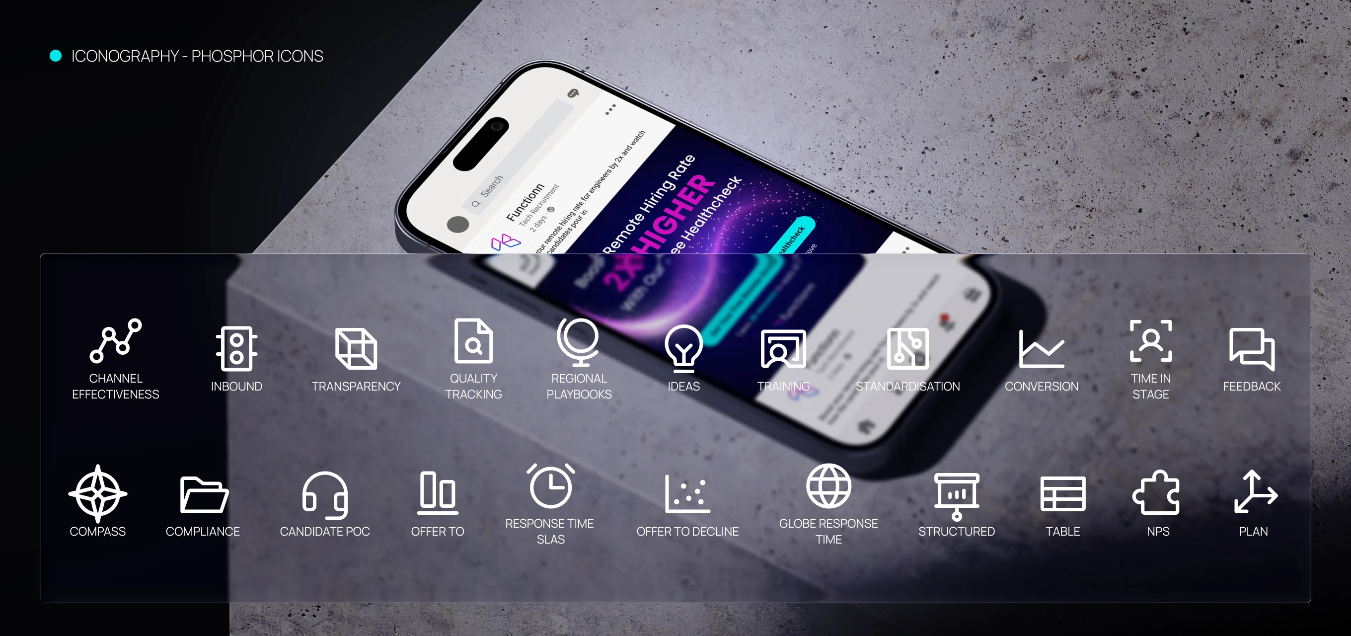 Set of 20 white outline icons with labels displayed over a blurred smartphone background.