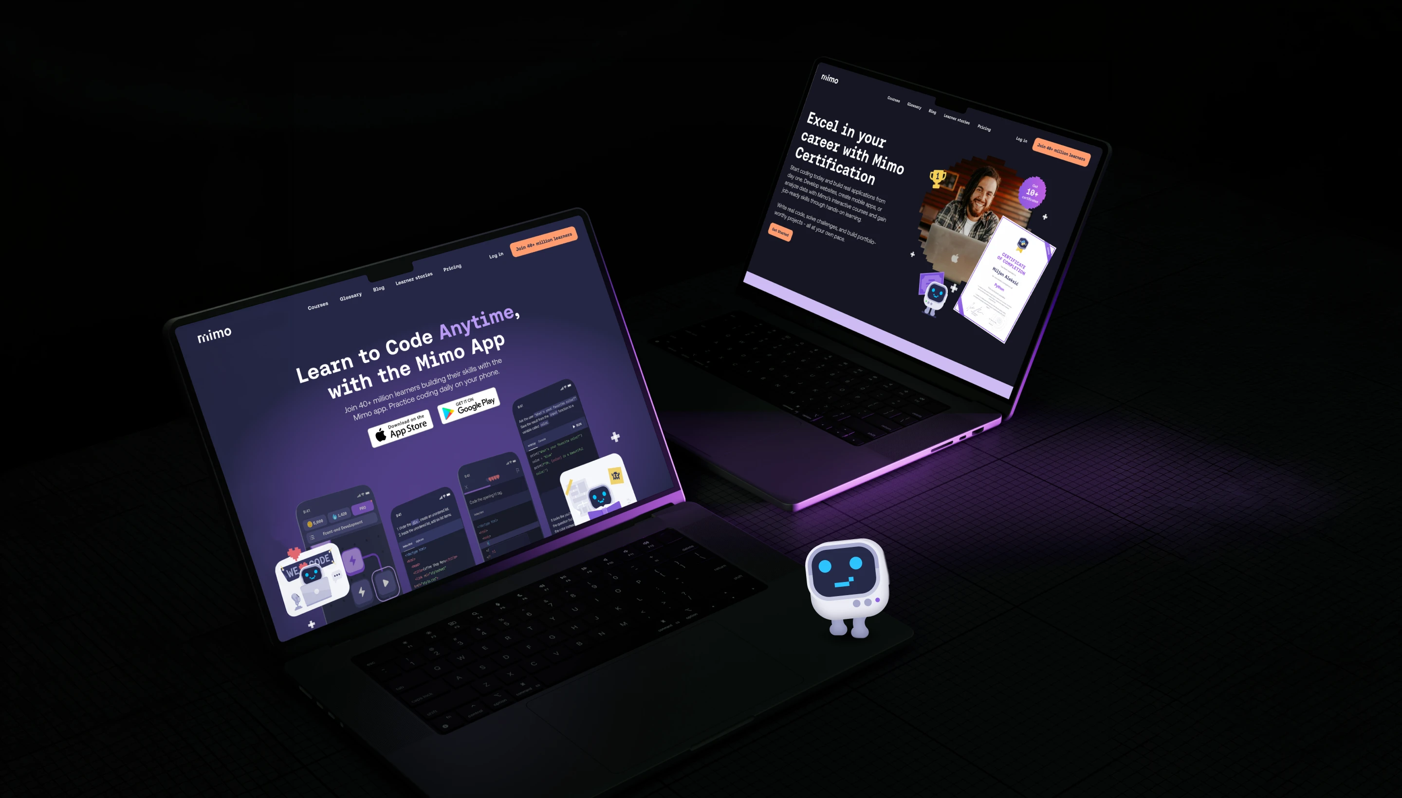 Two laptops displaying the Mimo coding app website and certification page on a dark surface with a small robot mascot figure between them.