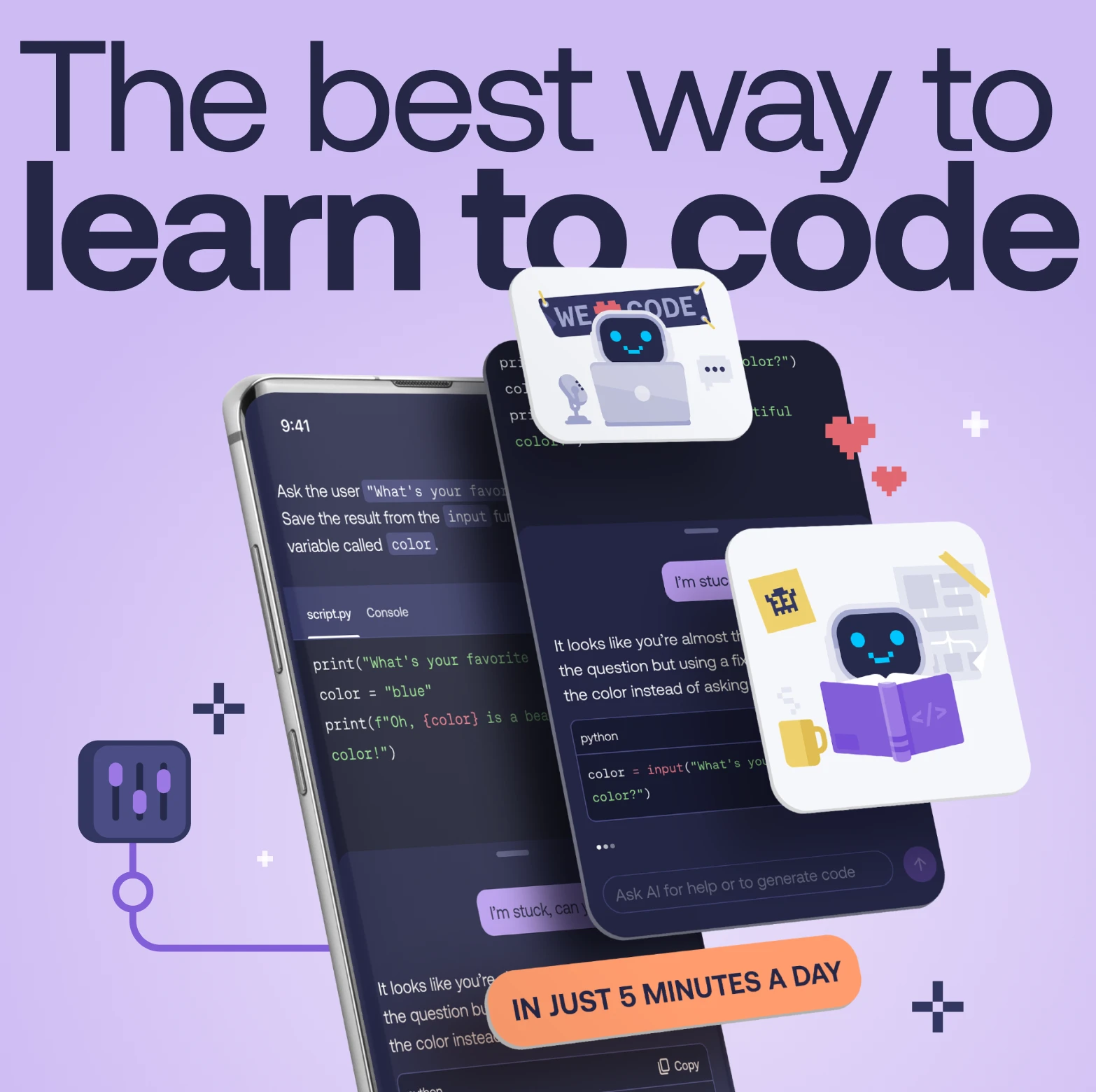 Two smartphones displaying a coding app interface with Python code and AI chatbots, with text saying 'The best way to learn to code in just 5 minutes a day' on a purple background.